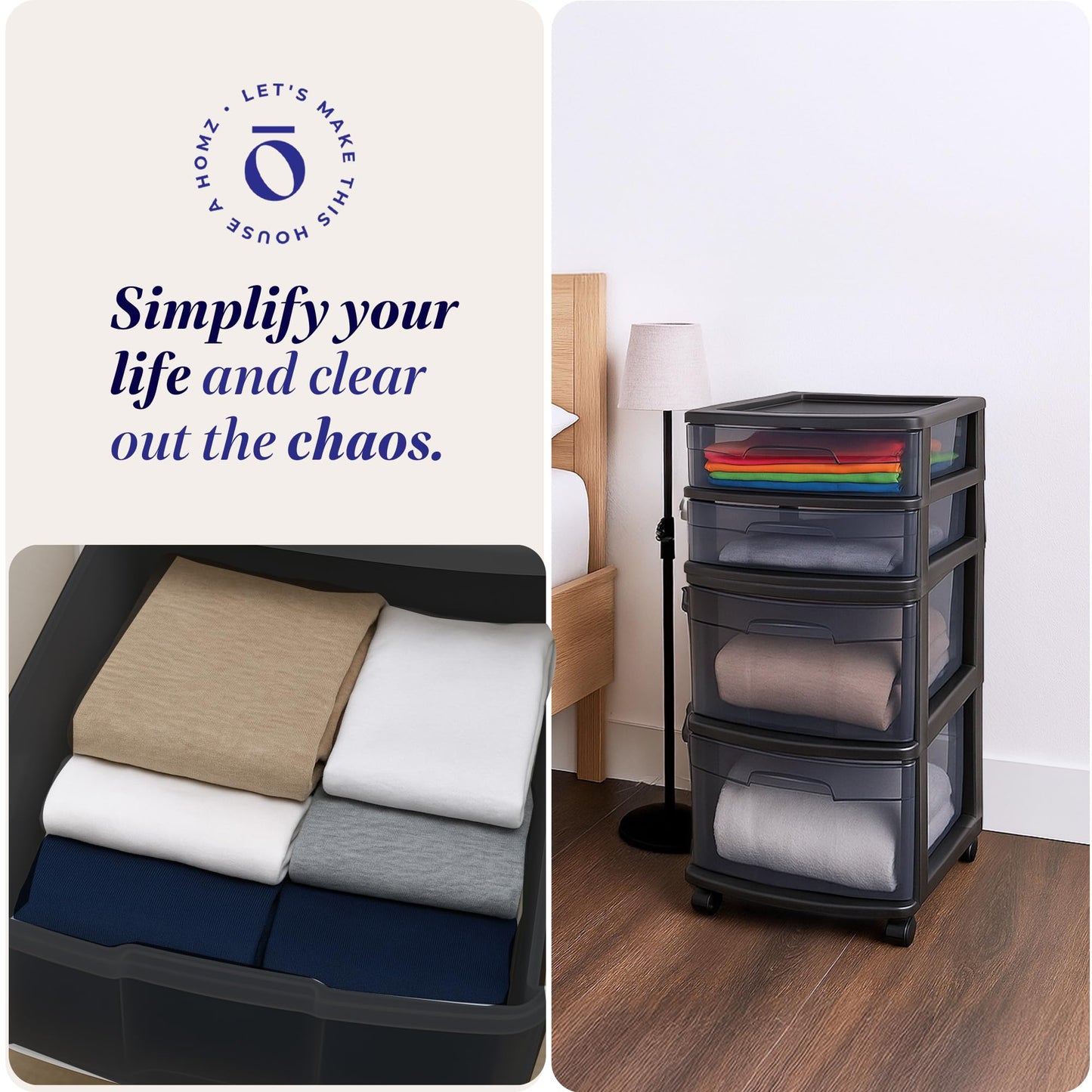 HOMZ Drawer Tower, 4-Tier Clear Plastic Storage Organizer Cart, Black Frame - Rolling Drawer Containers with Wheels for Bathroom, Bedroom, Office, and Classroom Organization