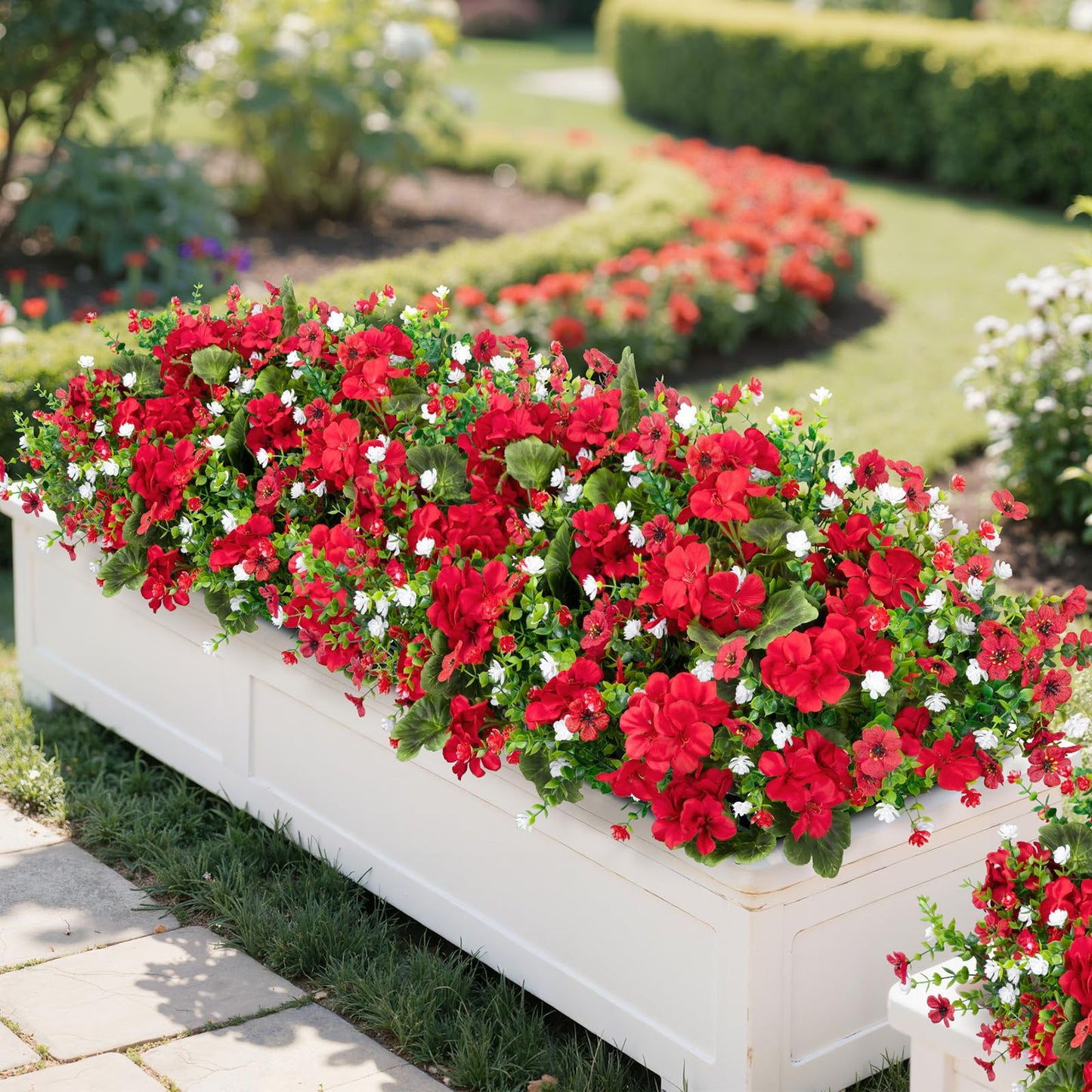 Ouddy Decor 18'' Artificial Geraniums Flowers for Outdoors, 10 Bundles Mixed Fake Silk Flowers Plastic Plants UV Resistant for Summer Garden Porch Patio Planter Kitchen Table Home Decor, Red