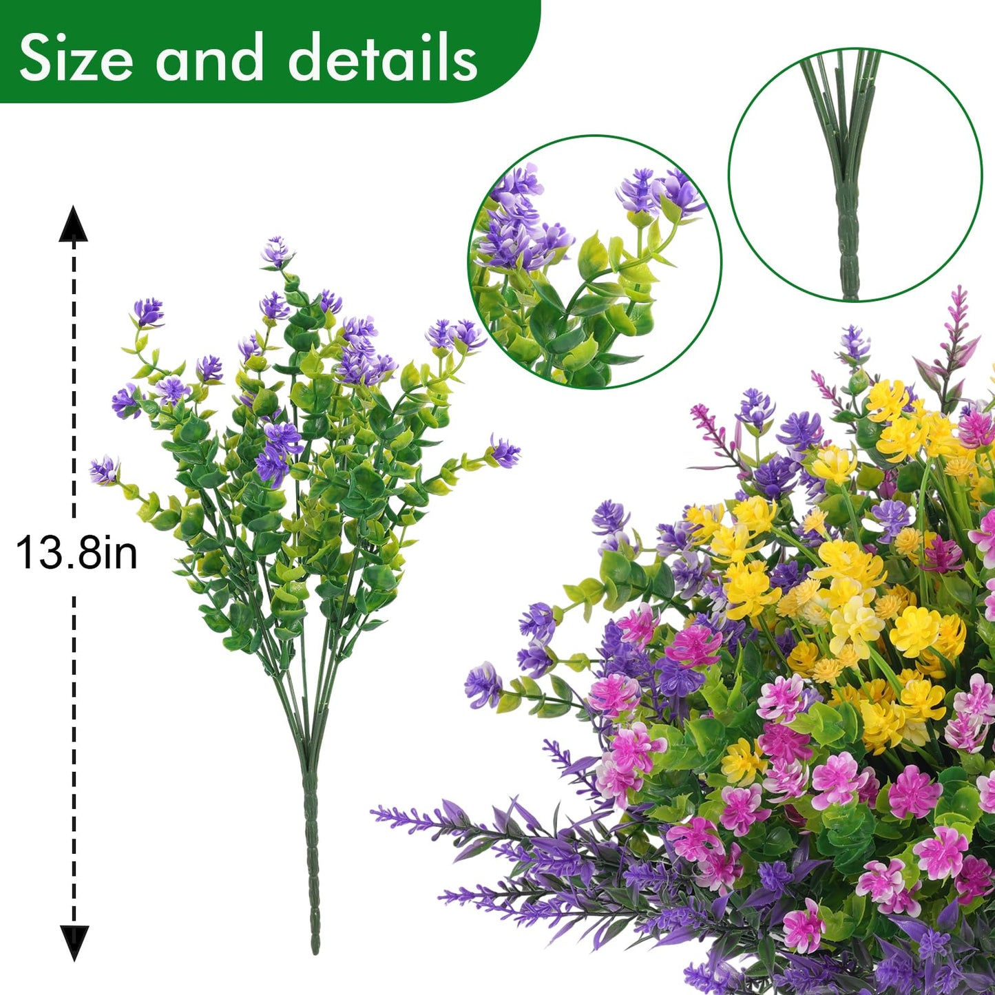 Hananona 48 Pcs Artificial Flowers Outdoor, Faux Artificial Plants UV Resistant Plastic Flower Bulk for Hanging Planter Porch Window Home Spring Summer Decor (48, Fuchsia, Purple, Yellow, Green)