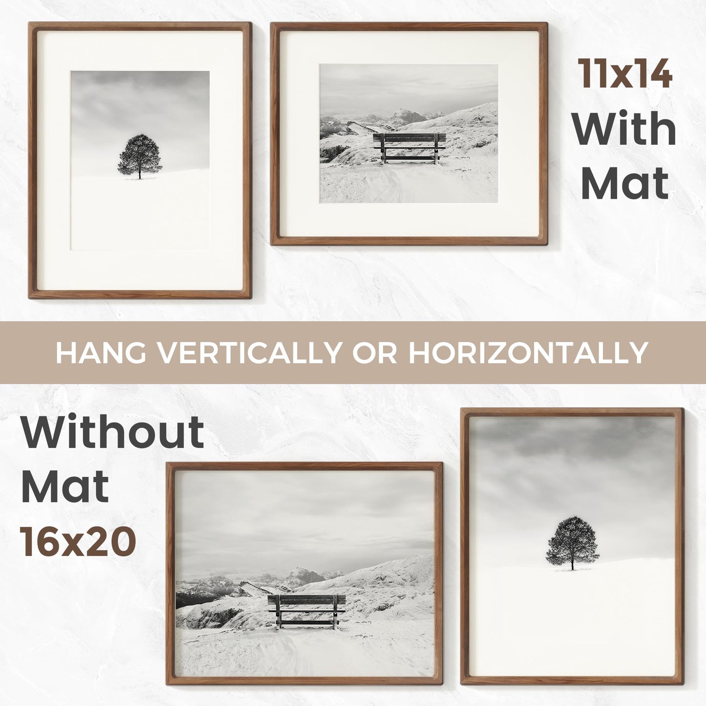 16 x 20 Picture Frame, USA-Sourced Natural Walnut Wood Photo Frame with Tempered Glass, Handcrafted Rounded Corner 16x20 Wooden Frame Matted to 11x14 Photos, Horizontal or Vertical Wall Mounting