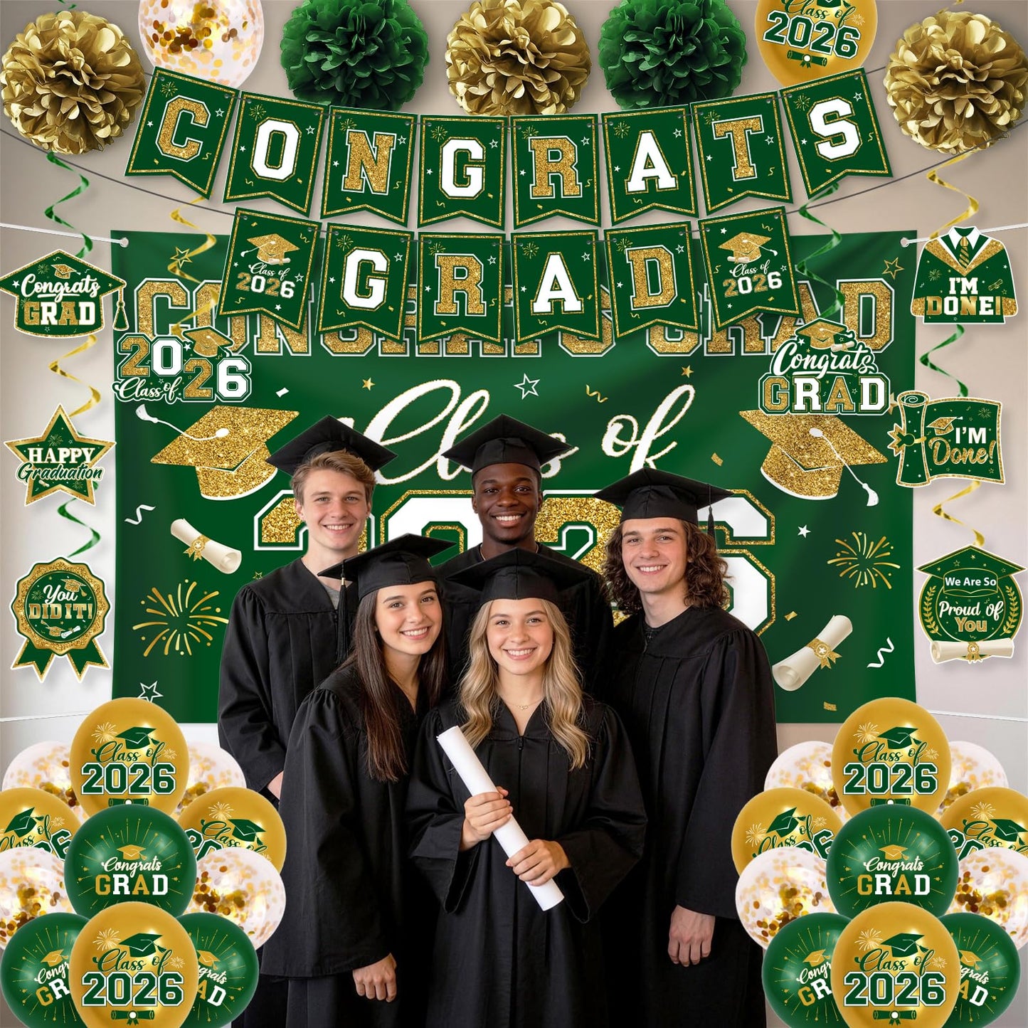 Green and Gold Graduation Decorations 2026 Set, All-in-1 Kit with Congrats Grad Banner Class of 2026 Backdrop Porch Sign Balloons Centerpieces Card Box Pom Poms Streamers for College High School