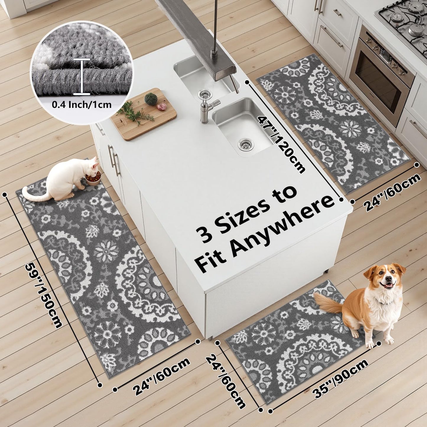 Yamaziot Washable Kitchen Rug Sets of 3, Non Slip Kitchen Mats for Floor, High-Low Textured Kitchen Runner Absorbent Stain Resistant Floor Carpet for Hallway, Laundry, Sink (Grey, 2x3+2x4+2x5ft)