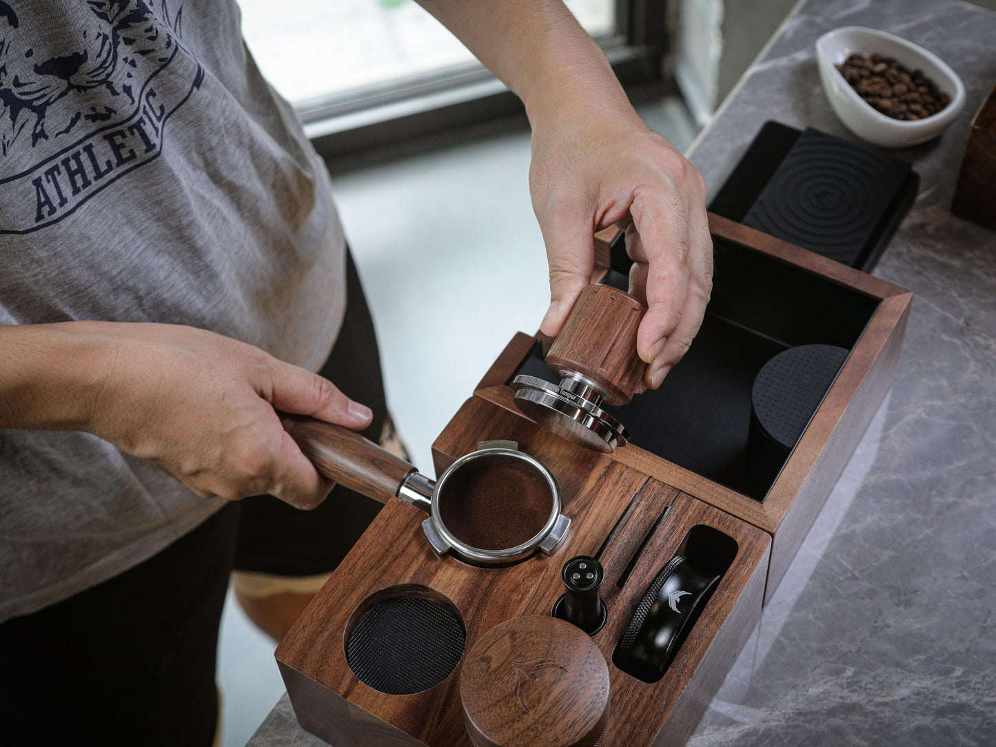 KNODOS Echo Calibrated Espresso Tamper 54mm with Click Feedback, 30lb Spring, Walnut Handle for Breville Portafilters
