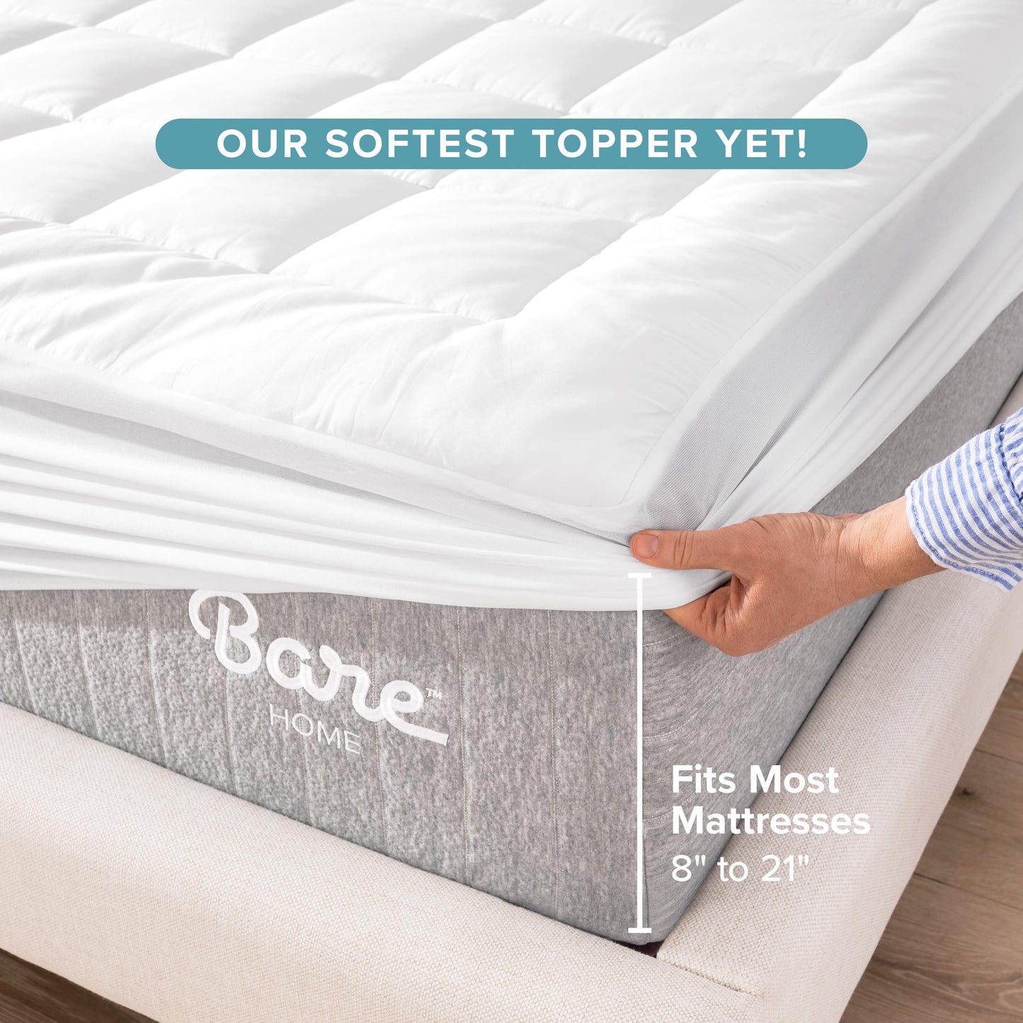 Bare Home Twin XL Mattress Topper Cotton Top - Twin Extra Long - Soft Plush Topper for Mattress - College Dorm Room Essentials - Cooling Breathable Air Flow - 8" to 21" Deep Pocket (Twin XL, White)