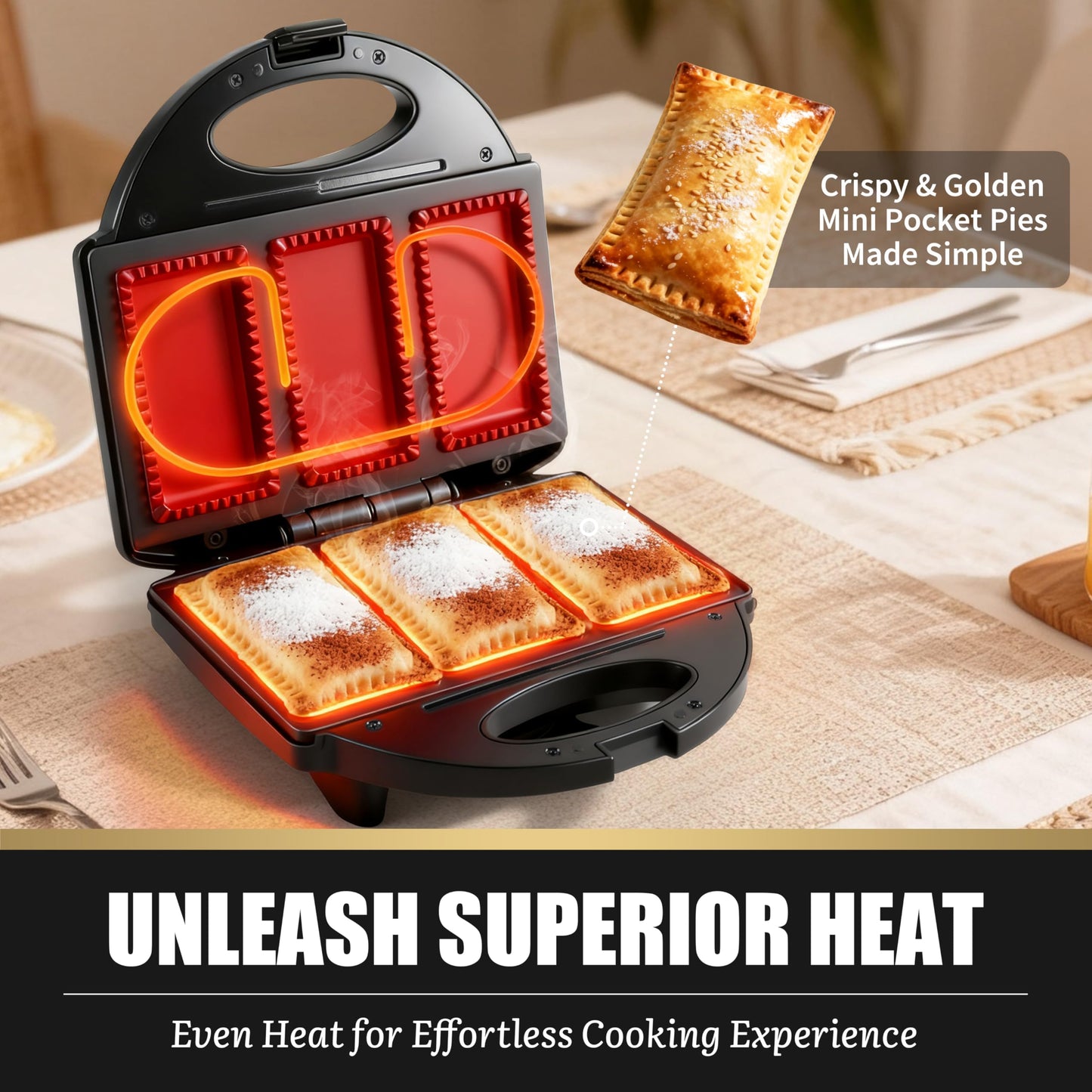 FineMade Electric Mini Pocket Pie Maker Machine with Crust Cutter, Pocket Pie Iron Press with Non Stick Surface, Ideal for Hot Chicken Pockets Pizza Pockets Grilled Cheese Sandwiches and More