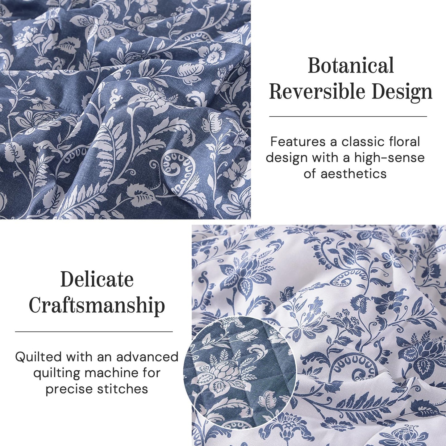 BLOOMHAVEN Quilt Set Queen Size, Oxford Blue Floral Quilt Sets, Reversible Bedspread Lightweight and Breathable for All Seasons, Soft Quilted Bedspread with 2 Pillow Shams