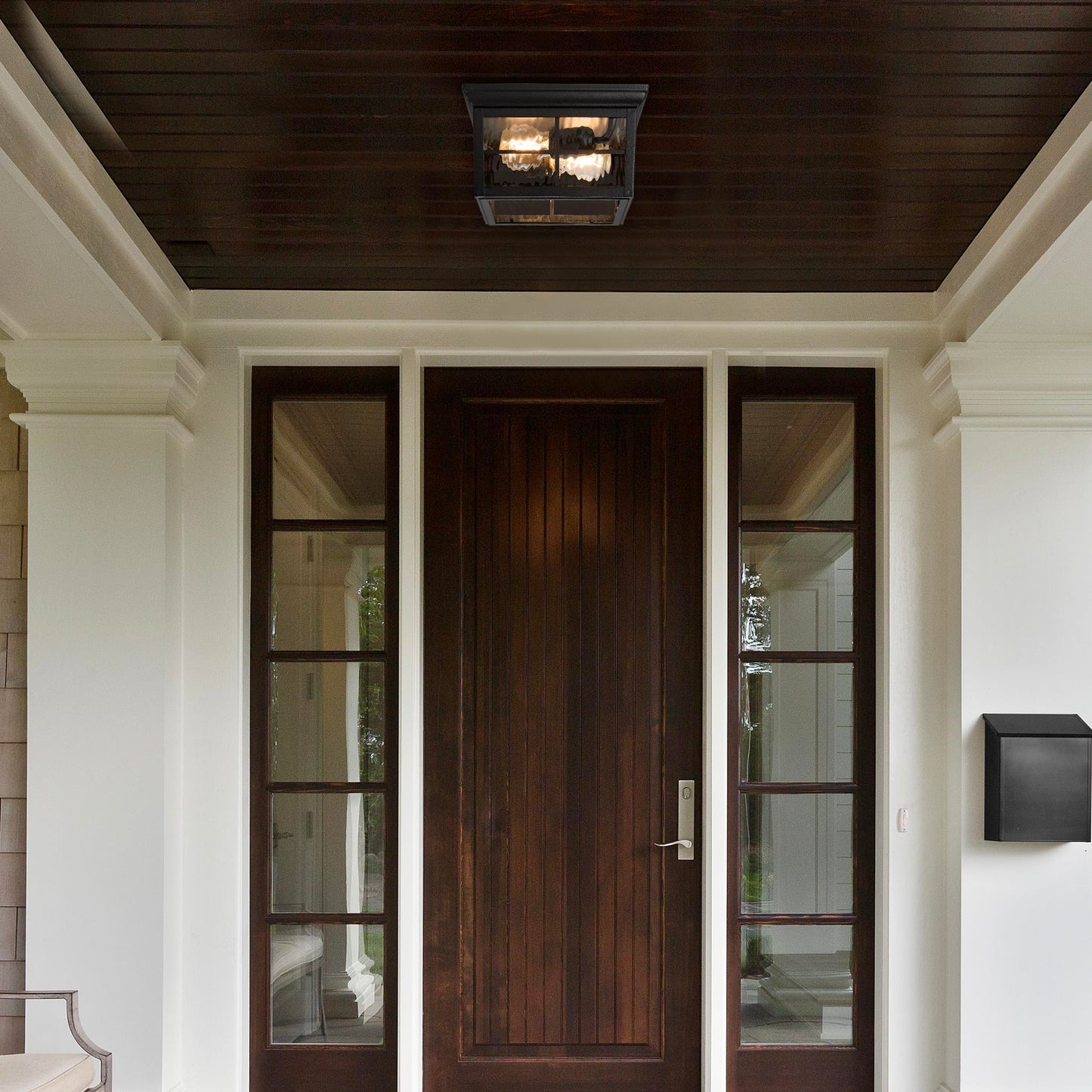 Maxxima Outdoor Flush Mount Ceiling Light Fixture, Black w/Water Glass, 2-Light Square Farmhouse Porch or Patio Light, Close to Ceiling Entryway Outdoor Light, Bulbs Not Included