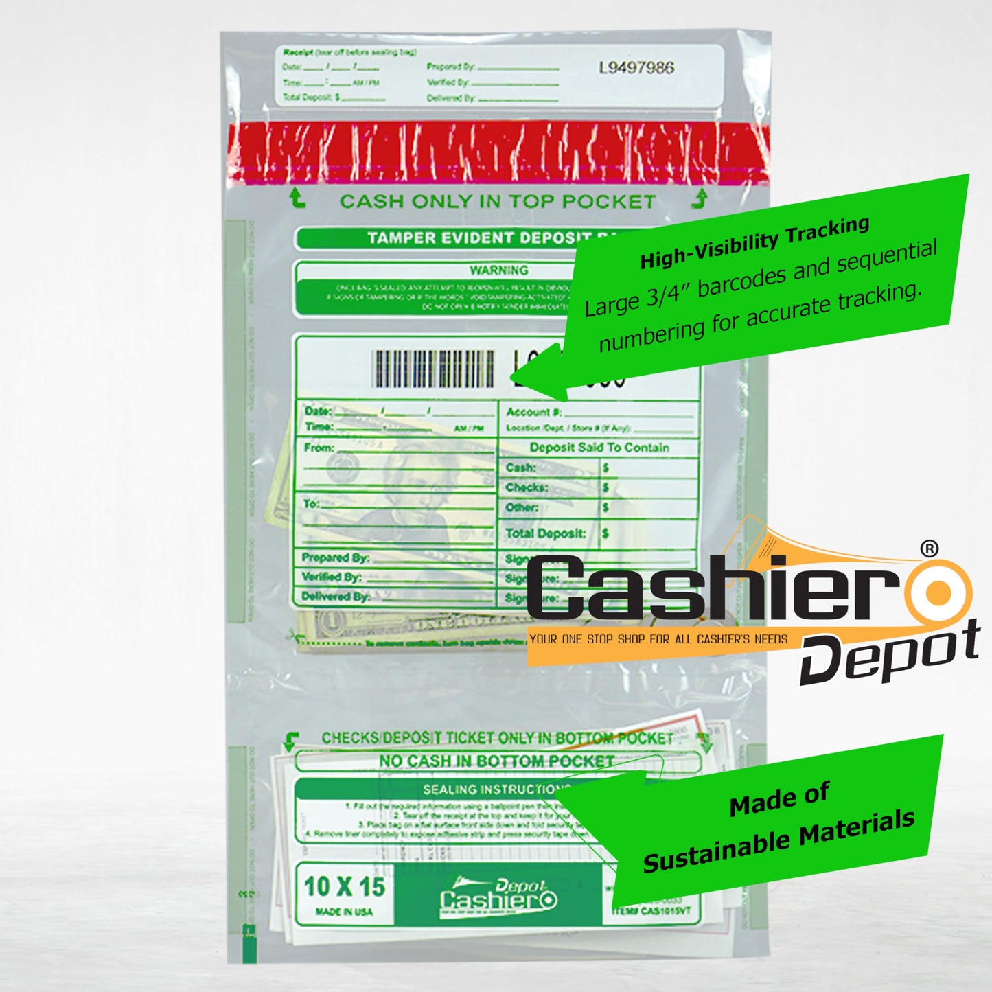 100 Cashier Depot Tamper Evident Bank Deposit Bags, 10" x 15" Clear, Twin Pockets, Serialized Numbering, Barcode, Press & Seal Void Closure Tape