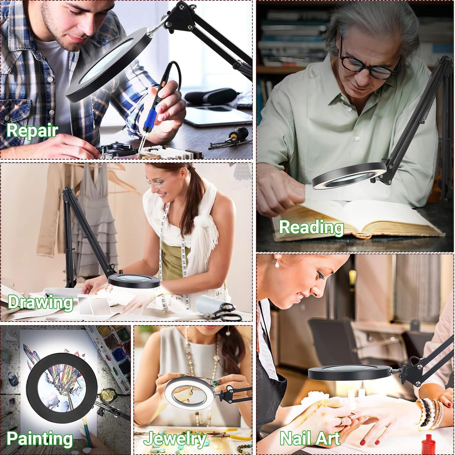 15X Real Glass Lens Magnifying Glass with Light – 3 Color Modes & Adjustable Brightness, Hands-Free Magnifier with Metal Base & Clamp for Crafts, Repair, Reading, Sewing, Painting & Close Work