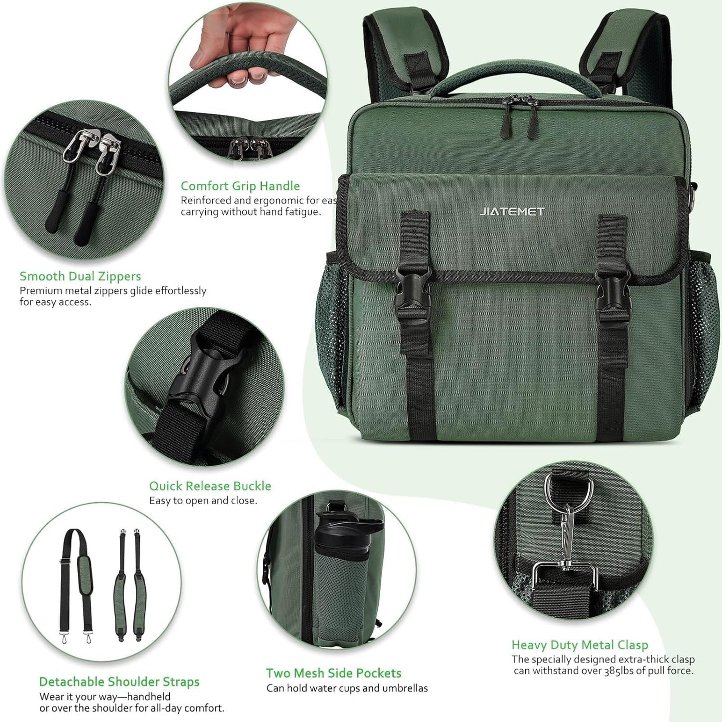 3 Ring Zipper Binder Bag for 700+ Sheets Capacity Detachable Backpack Straps & Shoulder 14 Inch Laptop for and Office (Green)