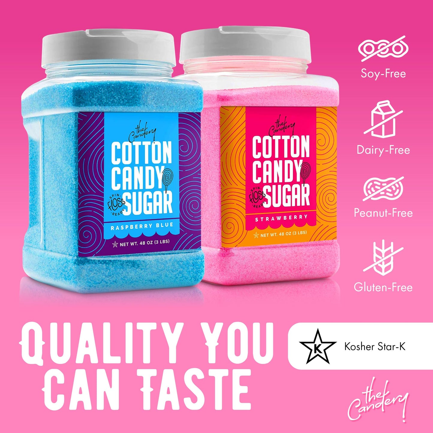 The Candery Cotton Candy Floss Sugar (2-Pack) Includes 100 Premium Cones | Raspberry Blue and Strawberry | Plastic, Reusable Jars | Easy Pour Spout or Scoop | Includes Scooper | 3 LBS Jars