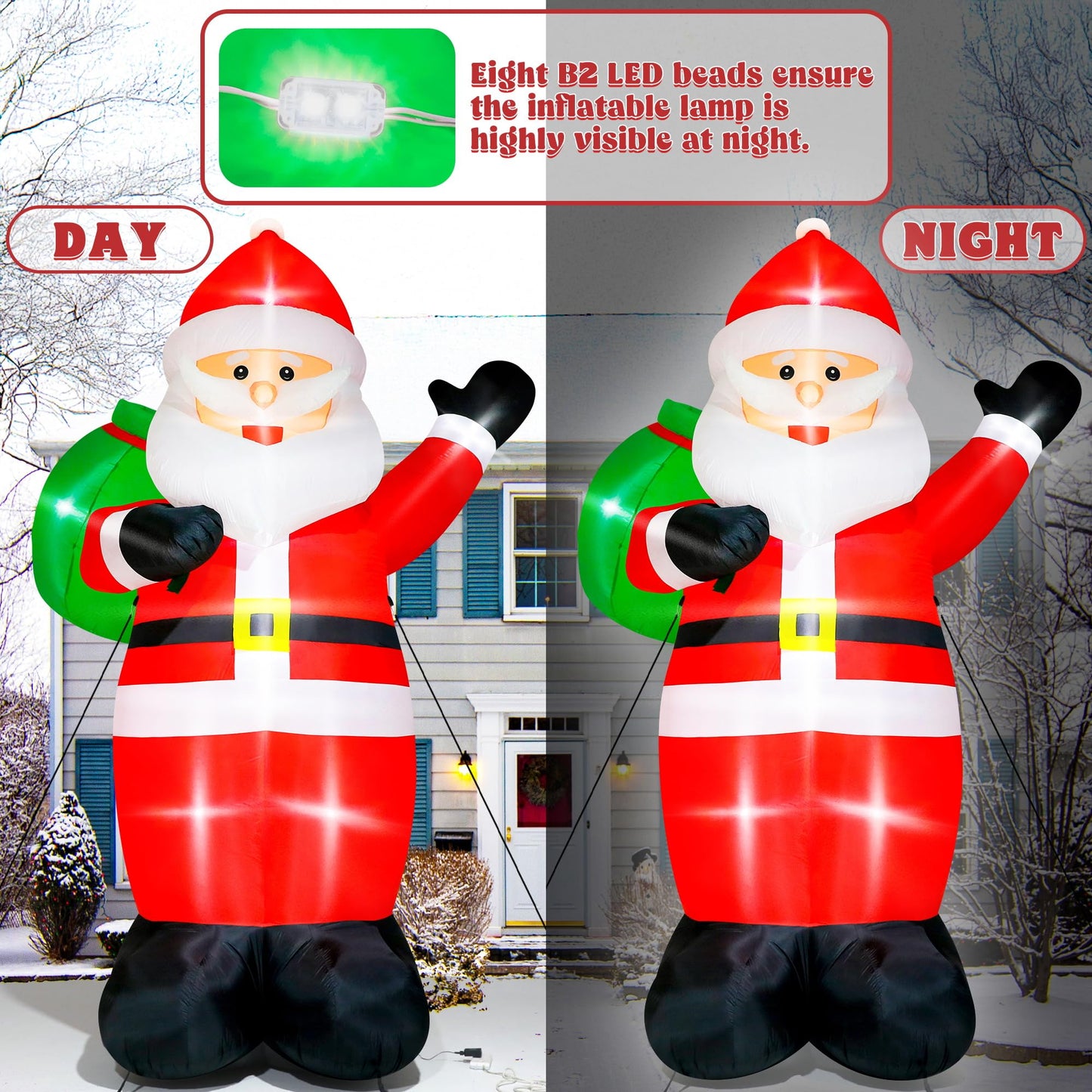 15FT Christmas Inflatables, Giant Inflatable Santa Claus Holding Gift Bags, Blow Up Christmas Santa Claus with 8pcs LED, Inflatable Santa Claus Outdoor Decorations for Party Holiday Lawn Yard