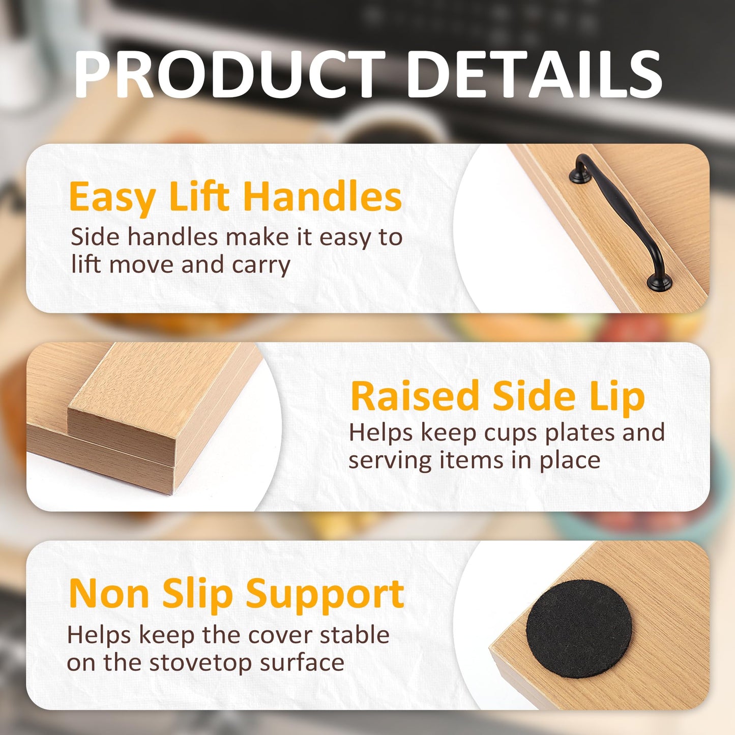 Sevenjungle Noodle Board Stove Cover, Wooden Stovetop Cover with Non-Slip Feet, Handle & Raised Lip, Extra Counter Space for Kitchen (29.5” x 22” Natutal)