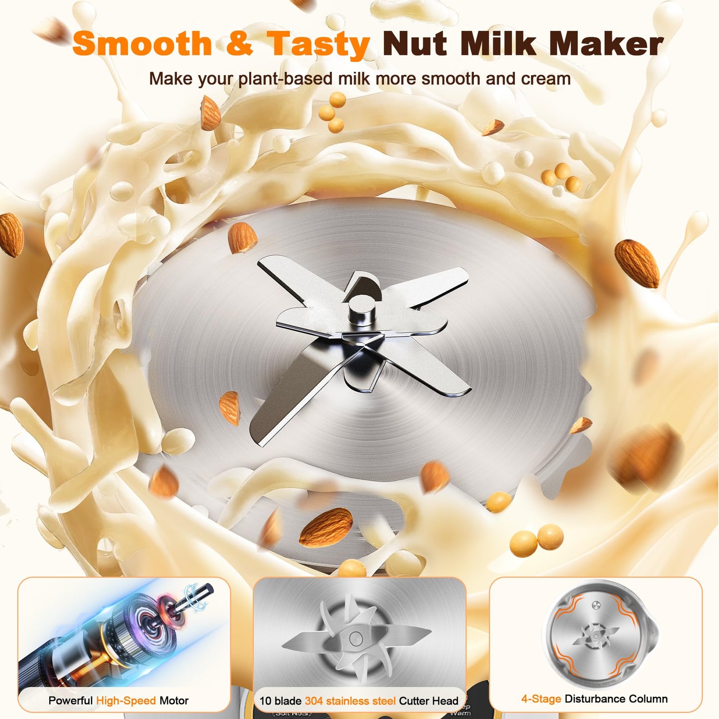 34oz Nut Milk Maker, 10 in 1 Automatic Nut Milk Maker, 304 stainless steel inner container with 10 Blades,Soy Milk Machine,Plant Based Milks Homemade Oat,Chowder,Juice,Almond Milk Machine