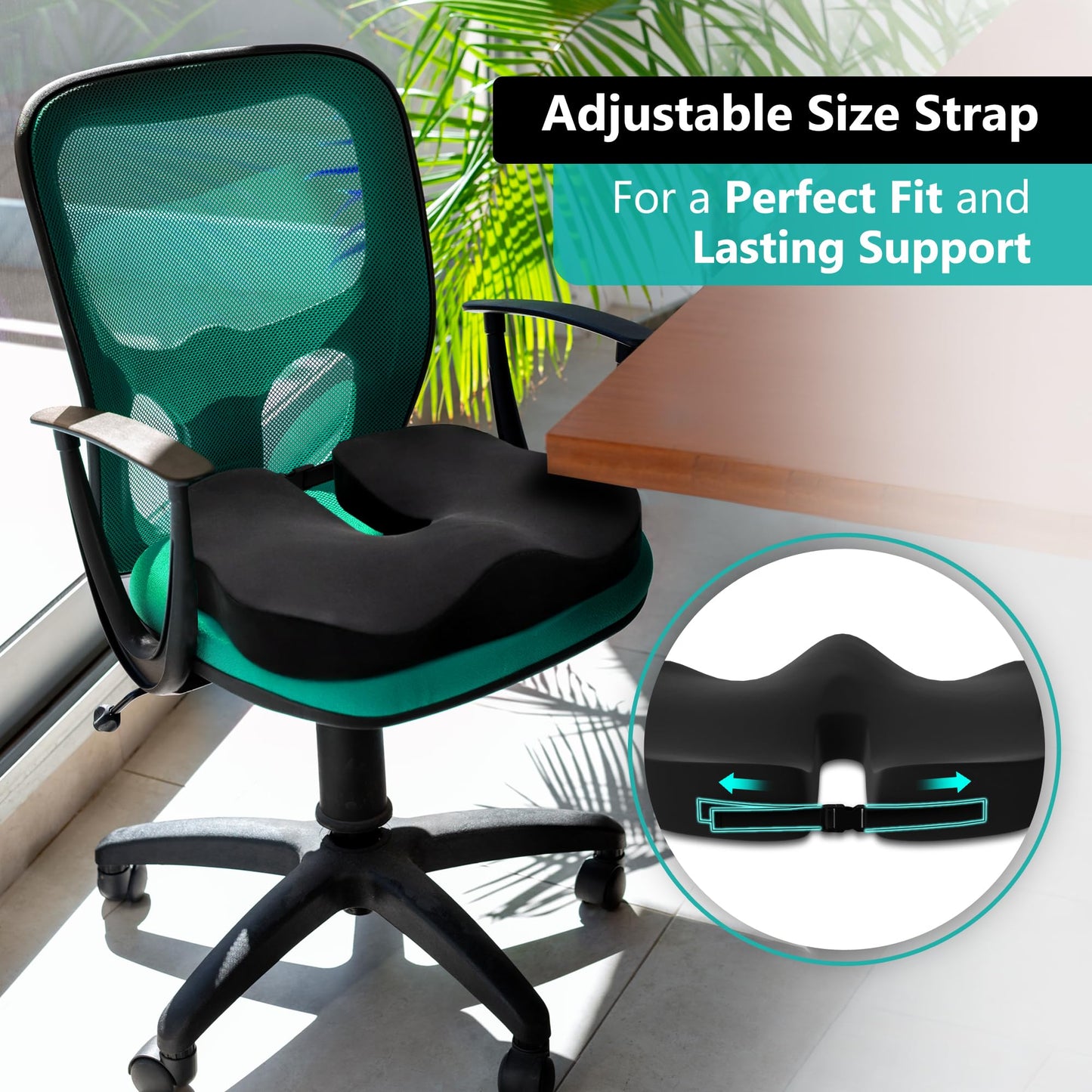 Comfidur Seat Cushion - High-Density Charcoal Memory Foam Office Chair Cushion with Adjustable Strap & Washable Non-Slip Cover | Supports Sitting Posture for Office, Car & Home