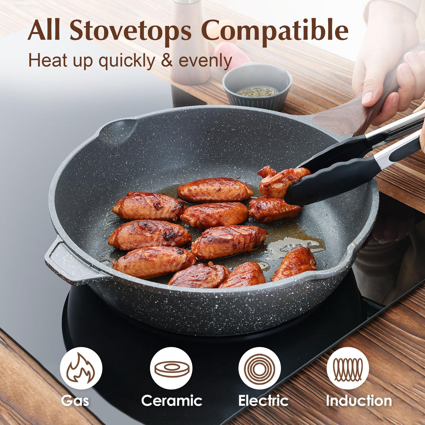 SENSARTE Nonstick Deep Frying Pan Skillet, 12-inch Saute Pan with Lid, Stay-cool Handle, Chef Pan Healthy Stone Cookware Cooking Pan, Induction Compatible, PFOA Free