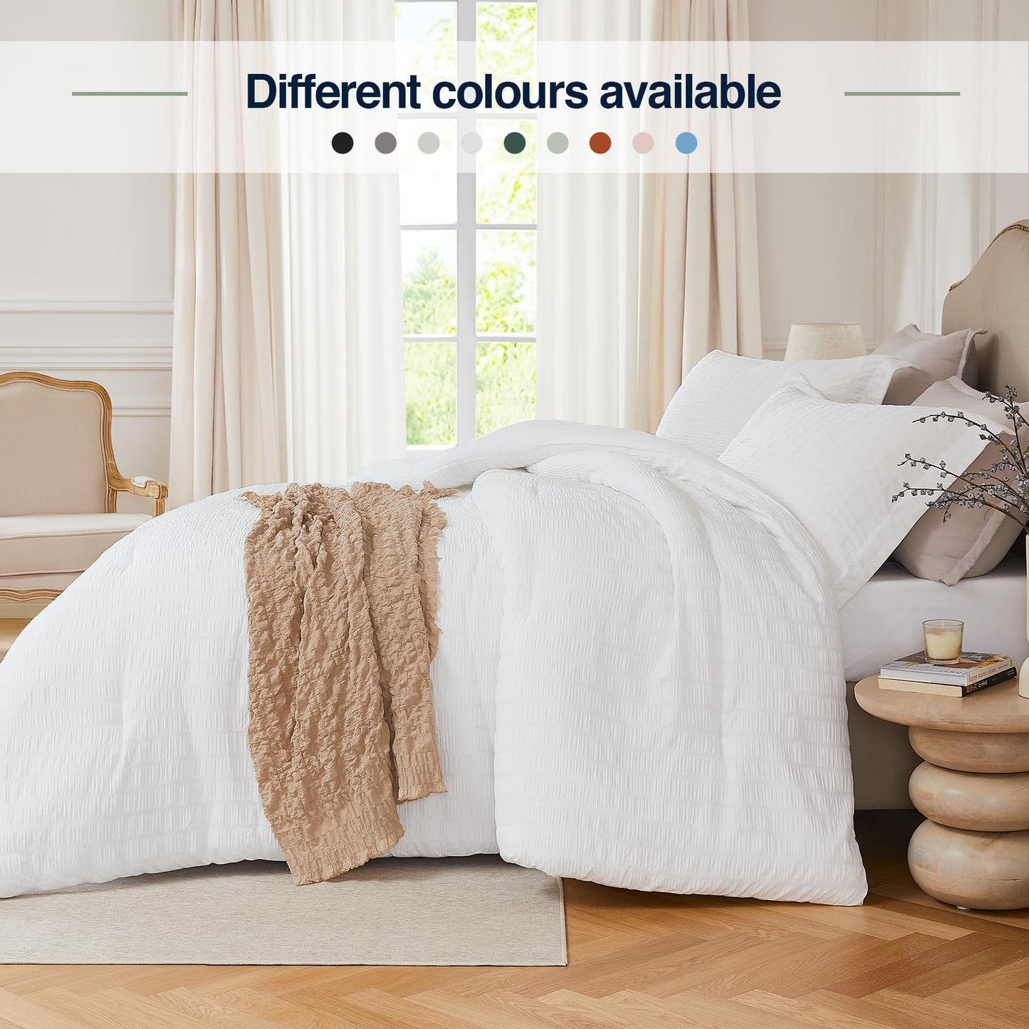 Quataly White Queen Comforter Set - 3 Pieces Seersucker Lightweight Bedding Comforter Sets (1 Soft Fluffy Comforter & 2 Pillowcases) - All Seasons Cozy Modern Bed Sets