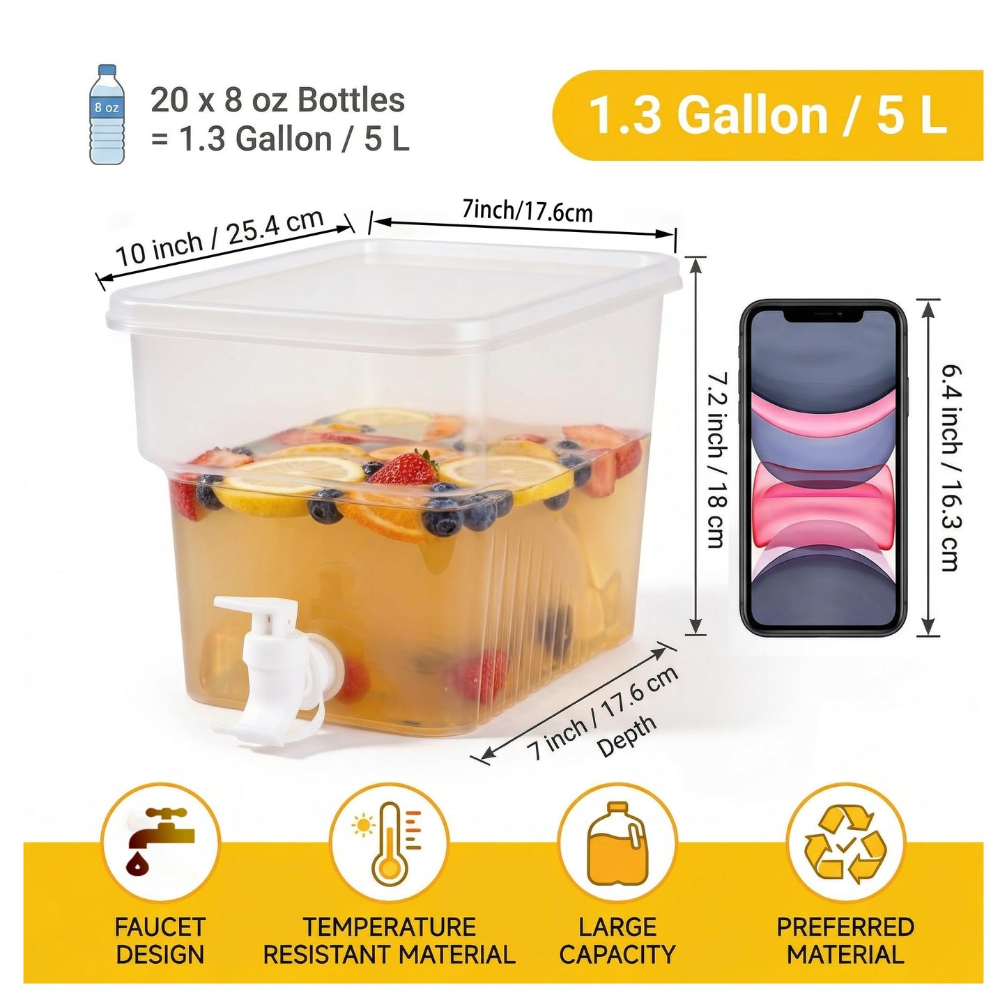BEWBBAT 4 Pack 1.3 Gallon Drink Dispenser with Spigot for Fridge, Leakproof Plastic Water Container Fridge Beverage Dispenser Ice Juice Dispenser with Spigot for Home Party Restaurant Bar Buffet