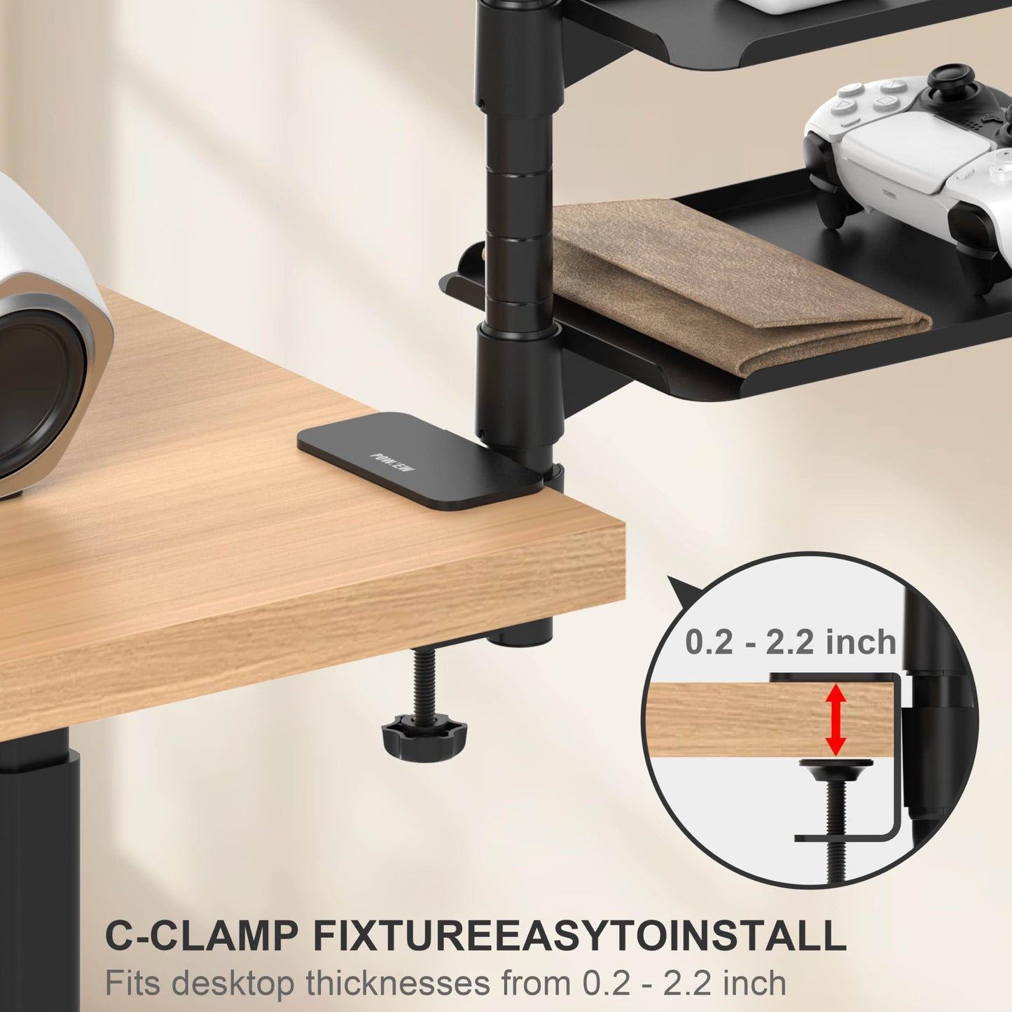 POWNEW 3 Tier Metal Clamp On Desk Shelf - 360° Rotatable Above/Under Table Storage, Adjustable Desktop Organizer for Home Office & Gaming, Storage Tray for Devices & Accessories