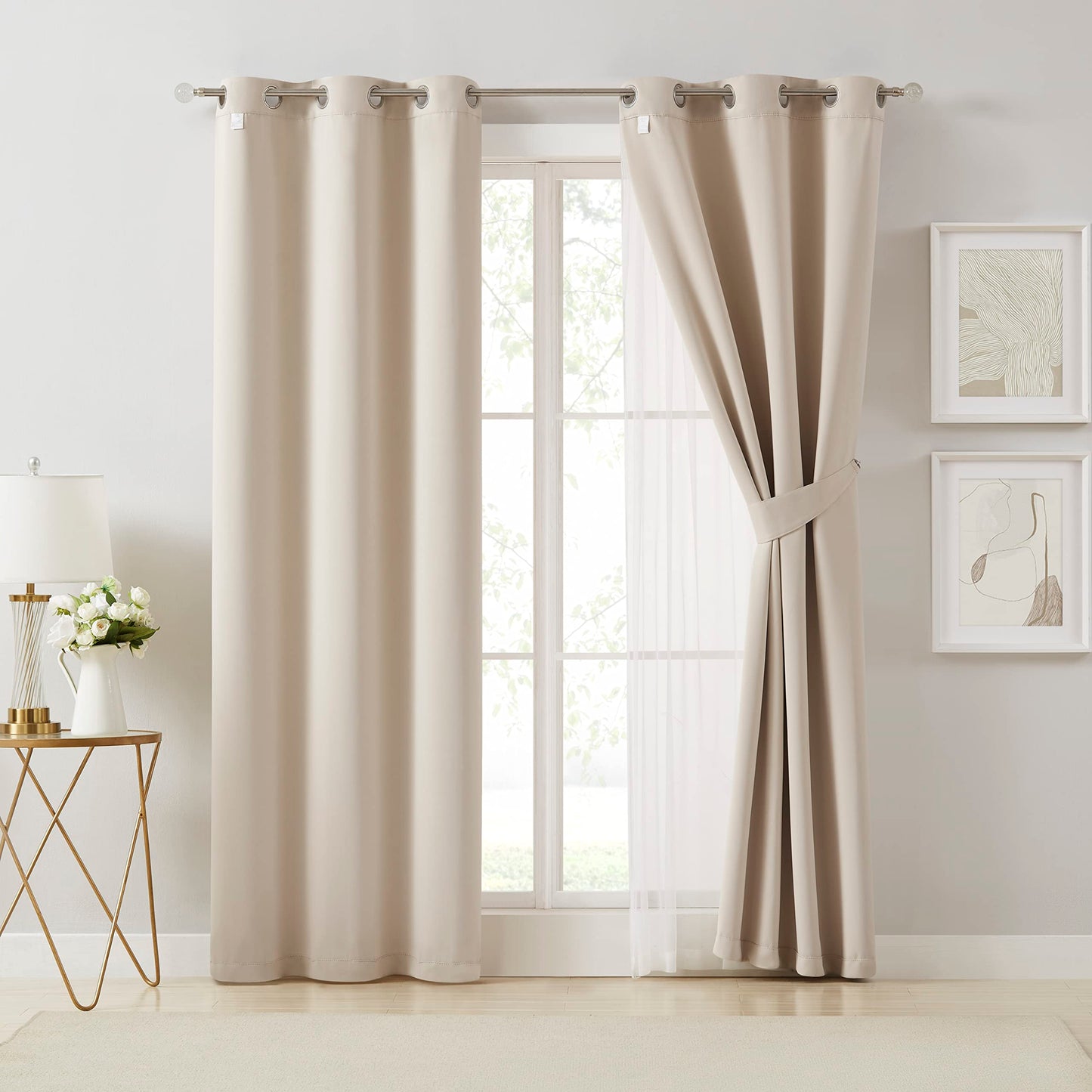 Bujasso Beige Moderate Blackout Curtains with Sheer Overlay Mix and Match Double Layer Thermal Insulated Window Panels 72 inch for Bedroom Beige Drapes with Tiebacks Grommet Top 37" Wx72 Lx2