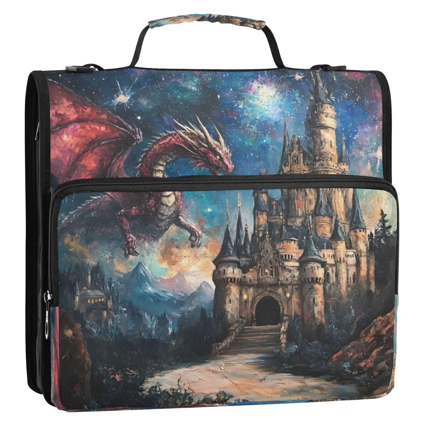 Takiito 3 Ring Zipper Binder Dragon Castle Binder Organizer Portfolio with File and Shoulder Strap & Handle Large Capacity File Folder