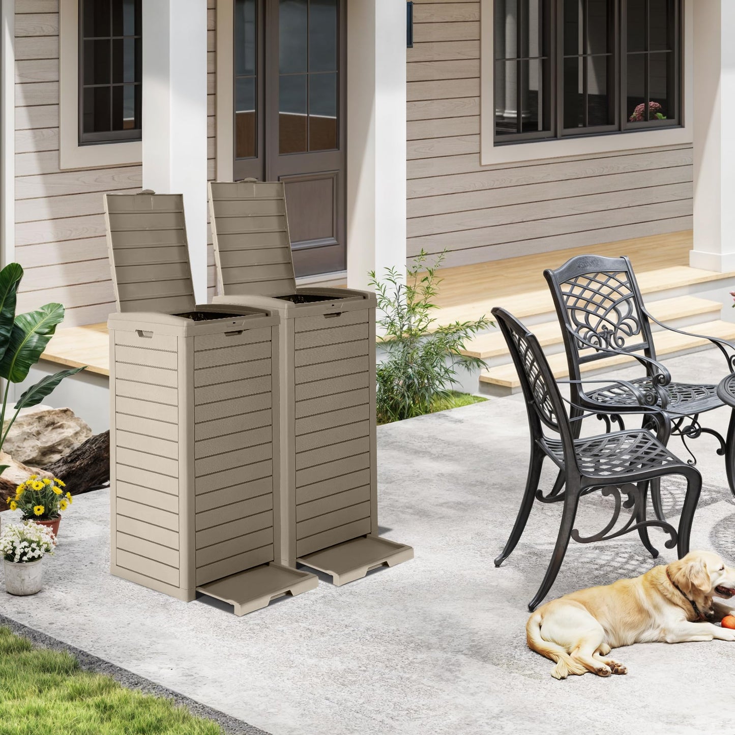 DWVO 38 Gallon Outdoor Trash Can with Lid & Drip Tray, Waterproof Hideaway Garbage Bin, Waste Container for Patio, Backyard, Deck, Garden, Easy Assembly & Clean (Taupe)