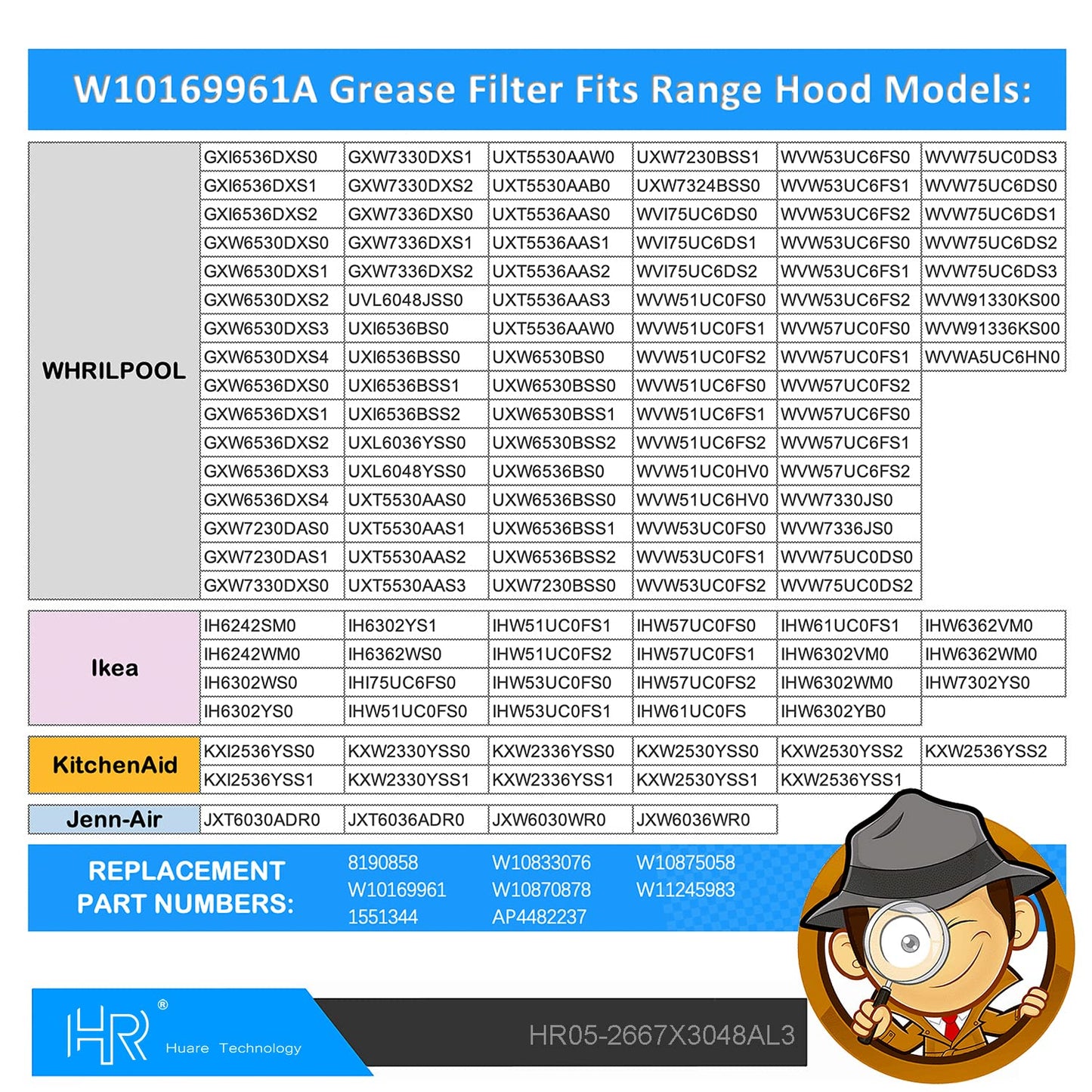 Upgraded W10169961A Range Hood Filter Replacement, Fits Whirlpool, Ikea, Kitchen Aid, Jenn Air, Aluminum Mesh Hood Grease Filter 10.5x12Inch, HR Huare Technology Aluminum Range Hood Vent Filters,3PCS