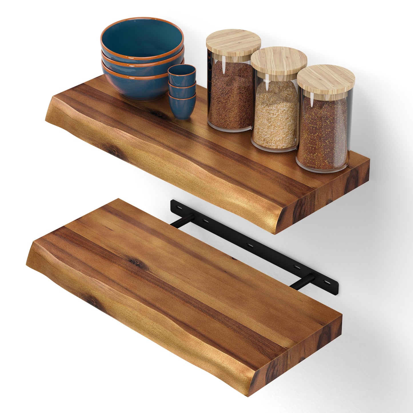 BATODA 17” Acacia Live Edge Floating Shelves, Wooden Floating Shelves for Wall - Set of 2 Floating Book Shelves, Book Shelf for Wall, Bathroom, Kitchen - Mounted Shelf, House Decor with Hardware
