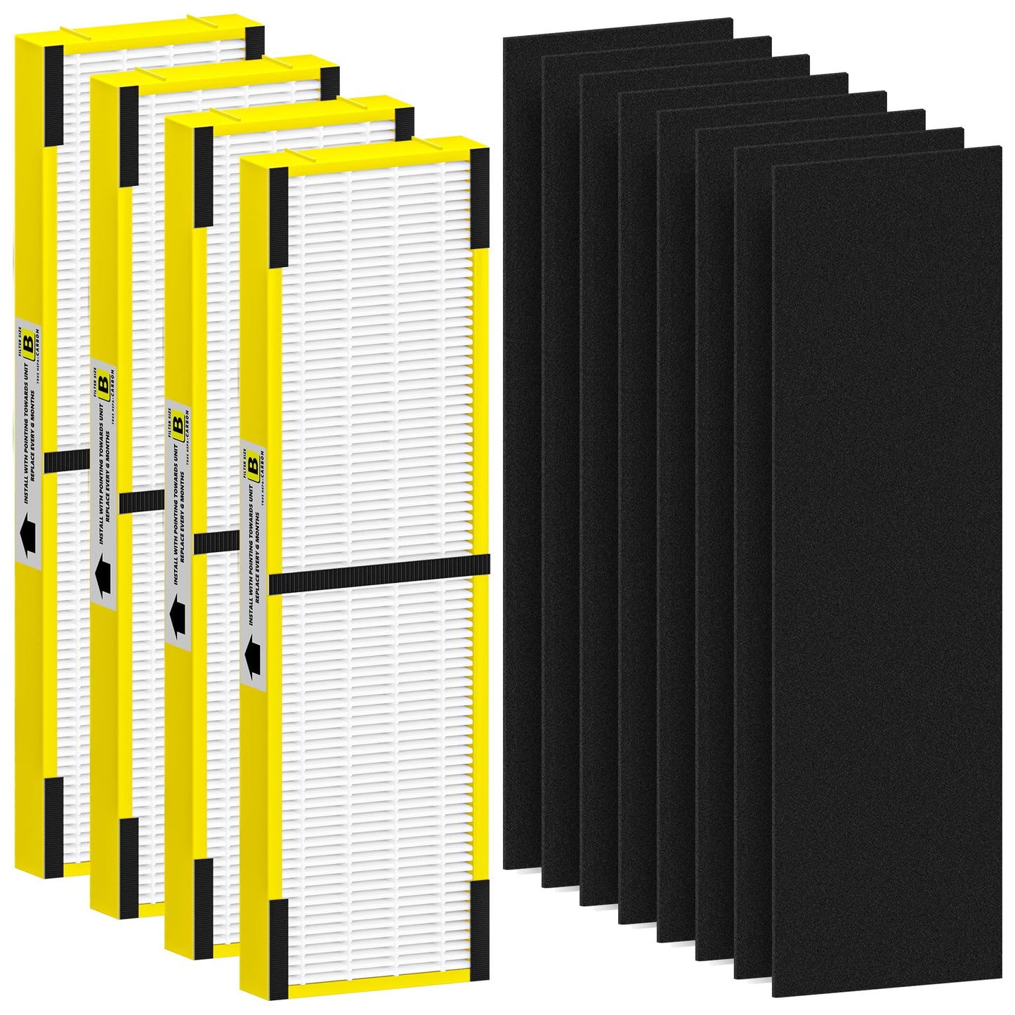 FLT4825 Filter B Replacement Compatible with G-Guardian AC4825, AC4300, AC4900, AC4825DLX, AC4850, CDAP4500, AP2200 Air Purifier, 4 High Efficiency Filters + 8 Activated Carbon Pre-Filters, Yellow