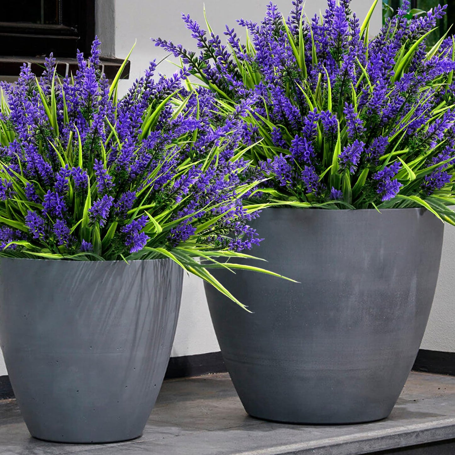 Geegoods Artificial Plants Flowers Outdoor – 48 Bundles UV Resistant Faux Lavender Flowers with Monkey Grass for Garden Porch Window Patio Hanging Planter Decor