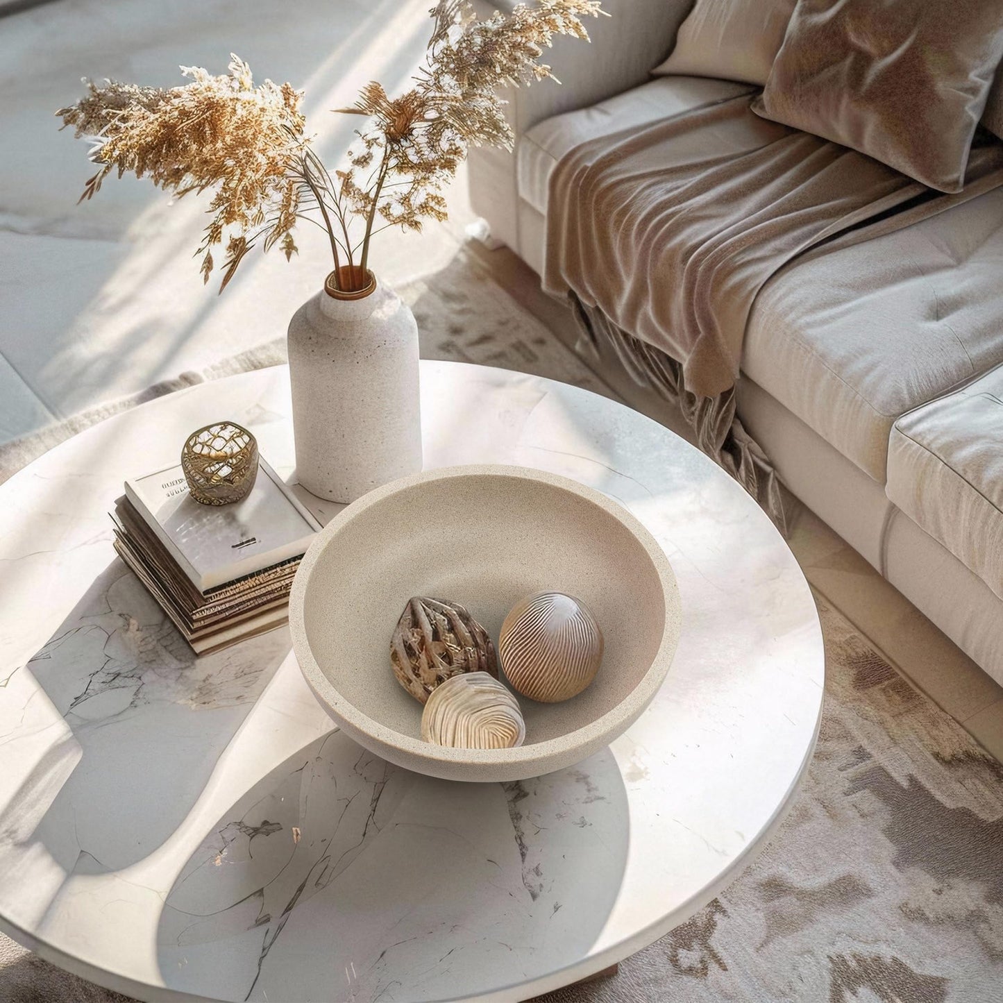 YMXYJM Large Decorative Bowl, Modern Handicraft Resin Bowls for Home Decor, Decorative Fruit Bowl for Kitchen Counter, Stylish Key Bowl for Entry Table, Artificial Stone Beige