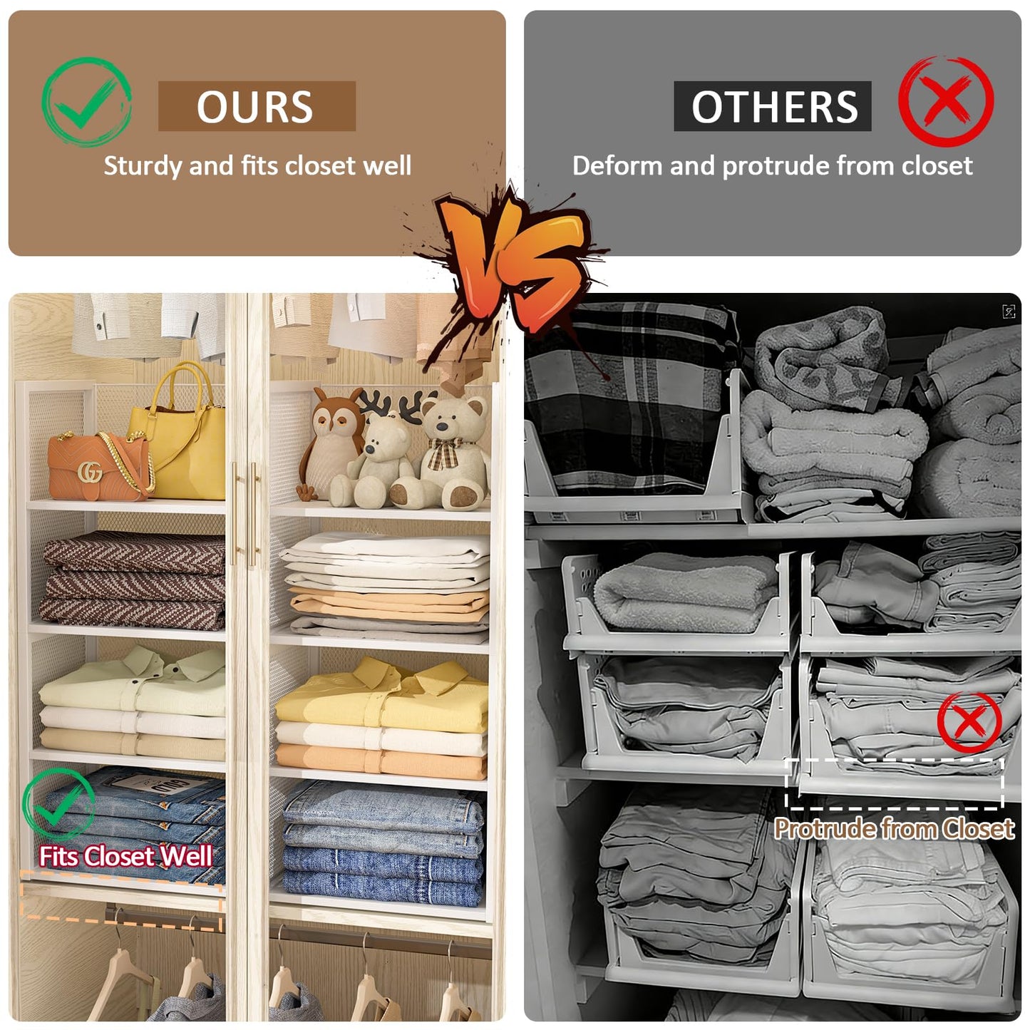 4-Tier Stackable Closet Organizers and Storage Basket, Wire Clothes Shelf Organizer Bins, Sweater Storage for Wardrobe Cupboard, Multifunctional Cube Storage Box for Kitchen Bath Laundry Room, White