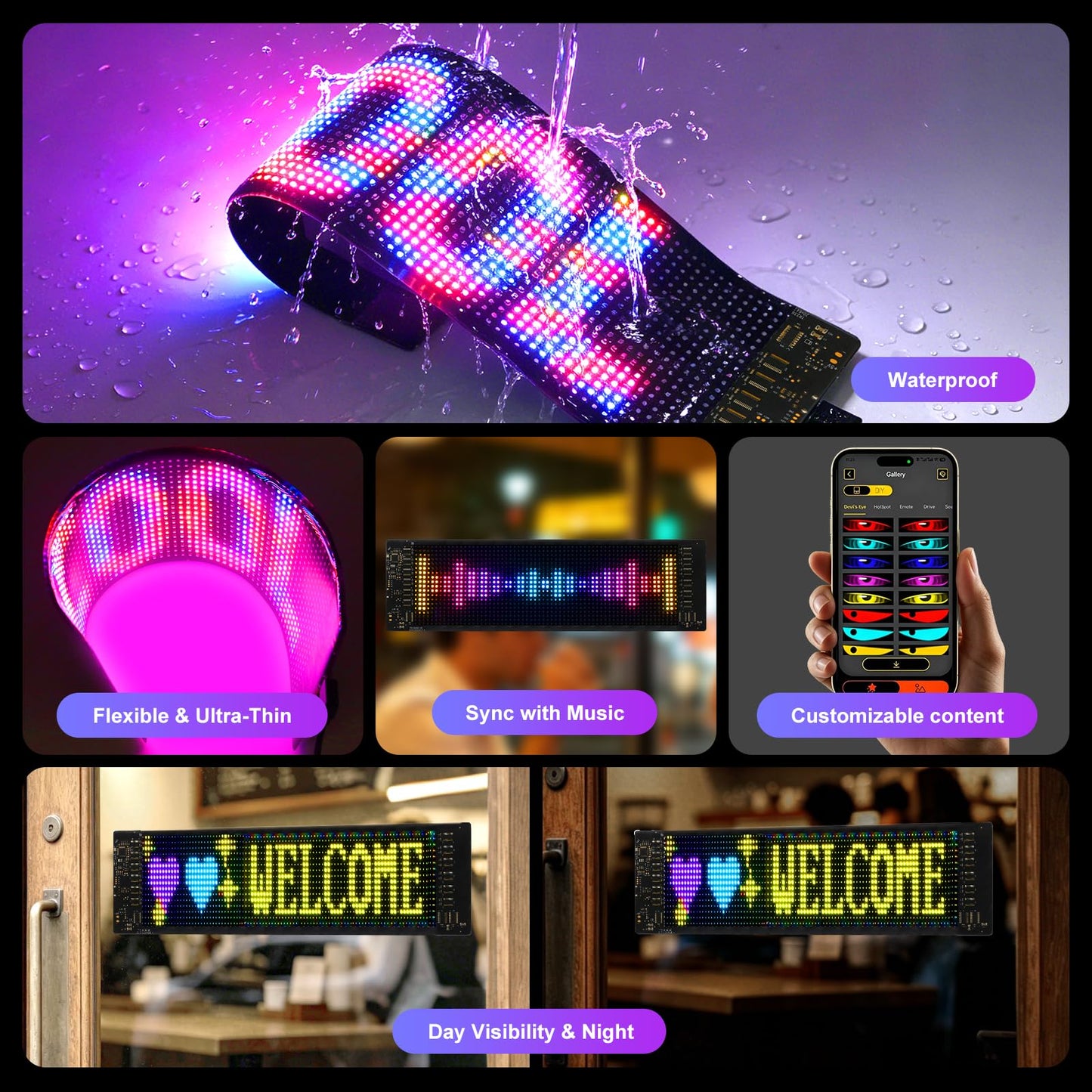 LUXONIC Super Brighter 59.5x12CM Scrolling LED Sign Display,USB 5V Flexible Programmable Screen with Bluetooth APP Control,Custom Text Pattern Animation, Waterproof RGB Signs For Car,Home,Store,Bar