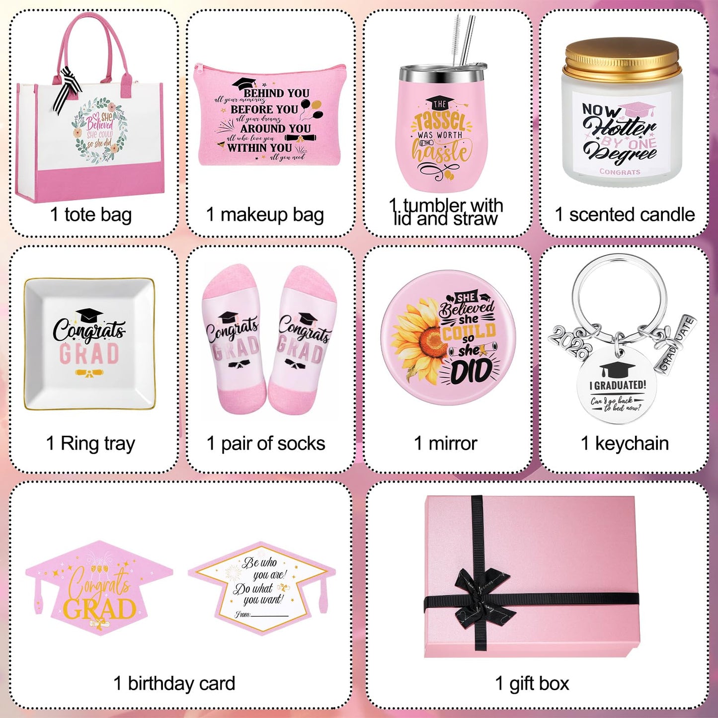 Locmeo 10 Pcs 2026 Graduation Gifts for Women Best College Grad Gifts Basket Master Degree Grad Gift Box Congratulations Gift for Class of 2026 College Masters Graduation(Novelty,Pink)