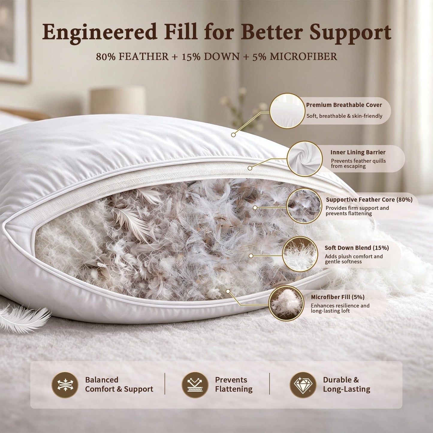 BHZ Goose Down Feather Pillows Queen Size - Hotel Collection Bed Pillows for Sleeping Medium Firm Soft Support Pillow for Side and Back Sleepers with Breathable Cover