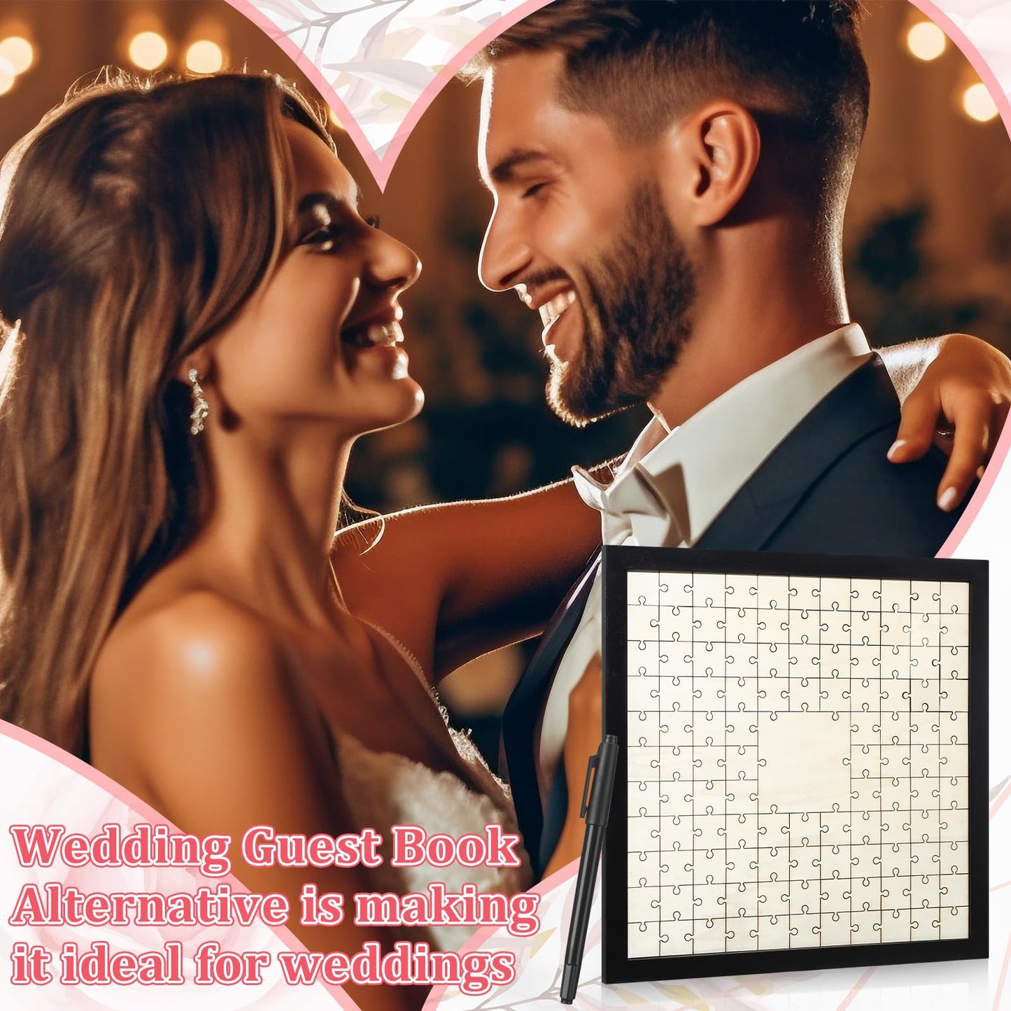 Leinuosen Wedding Guest Book Alternative Jigsaw with 112 Wooden Blank Puzzle with Frame and Pen Personalized Wedding Guest Book Make Your Own DIY Decor for Party Engagement Bridal (112 Pieces, Black)