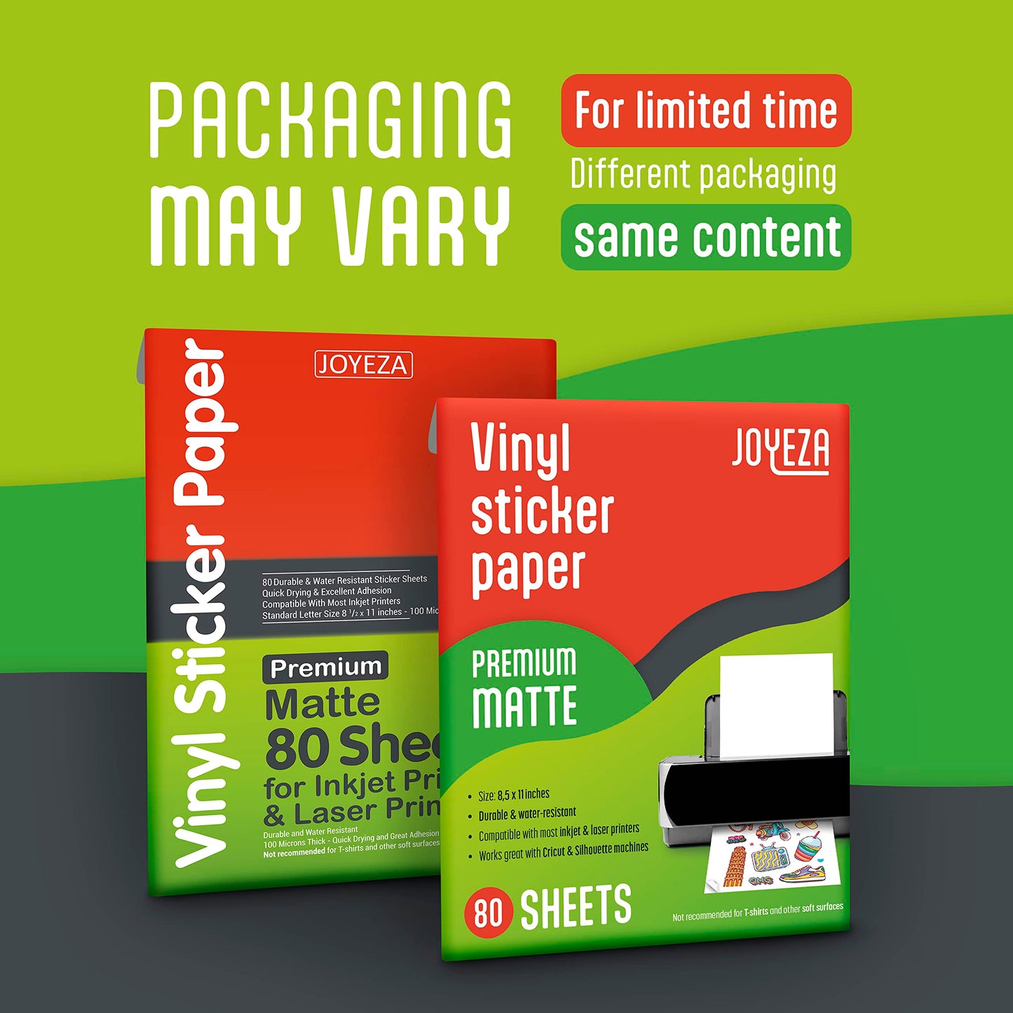 JOYEZA Premium Printable Vinyl Sticker Paper for Inkjet Printer - 80 Sheets Matte White Waterproof, Dries Quickly Vivid Colors, Holds Ink Well- Tear Resistant - Inkjet & Laser Printer