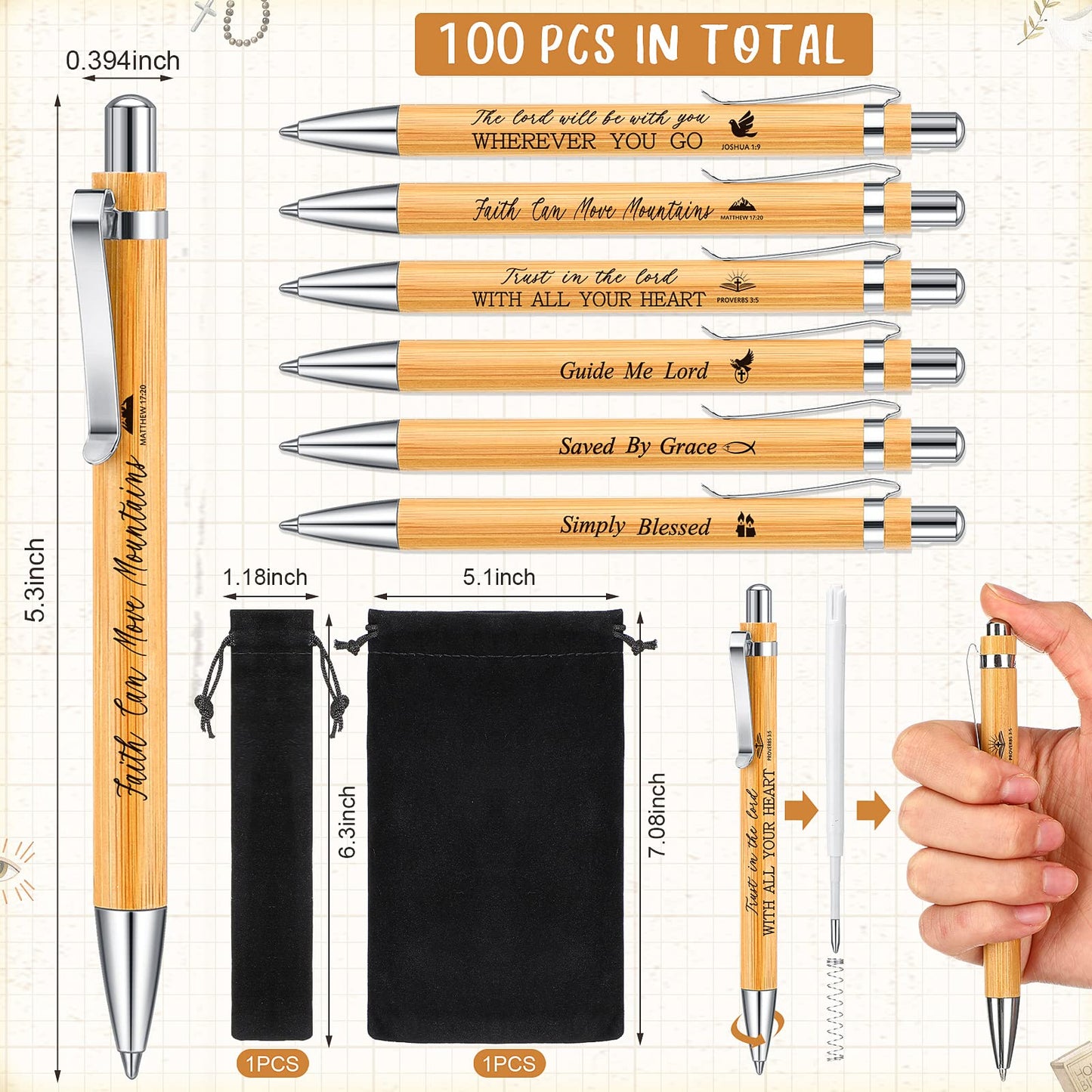 Roowest 100 Pcs Inspirational Bible Verse Bamboo Pens, Christian Ballpoint Pens for Employee Gifts, Journaling & Office Supplies – Black Ink with Velvet Pouches