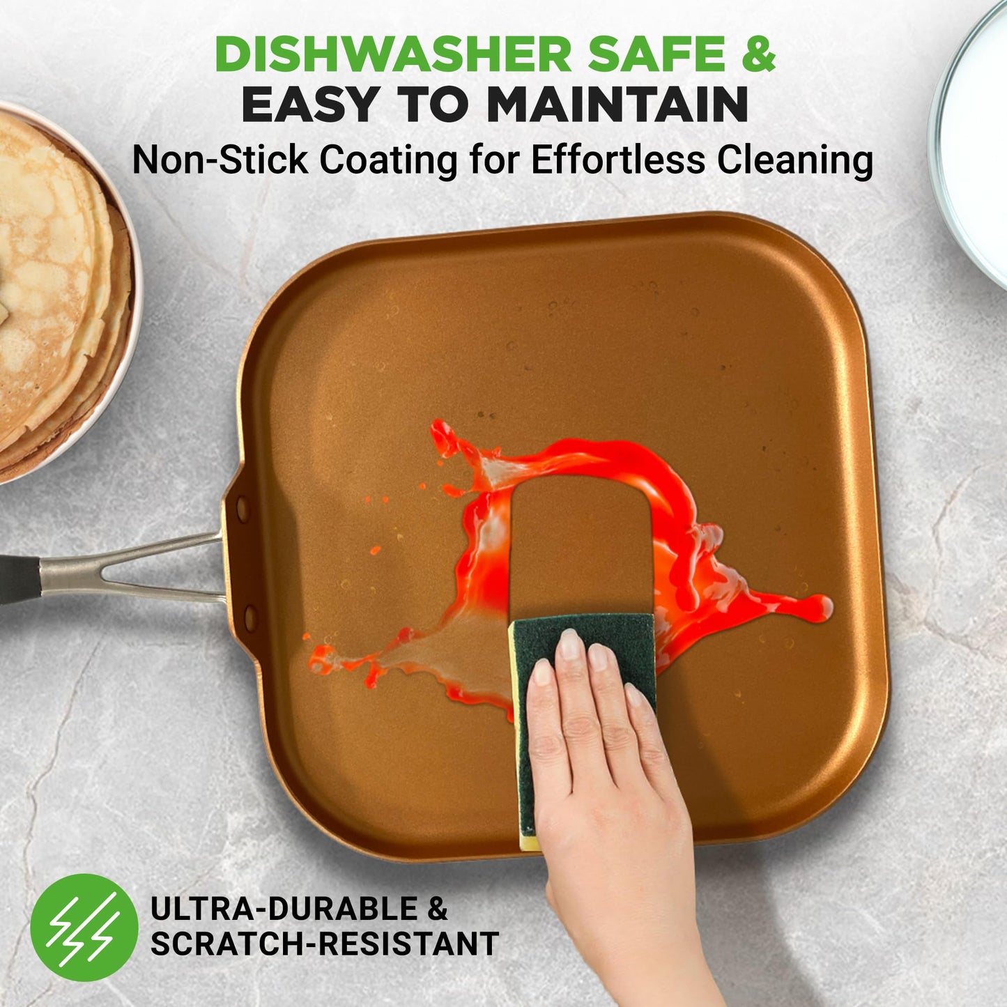 NutriChef Copper Pan Non-Stick Coating Inside, Hard-Anodized Look Heat Resistant Lacquer Outside, Silicone Handle NCSQPA, 1 Griddle
