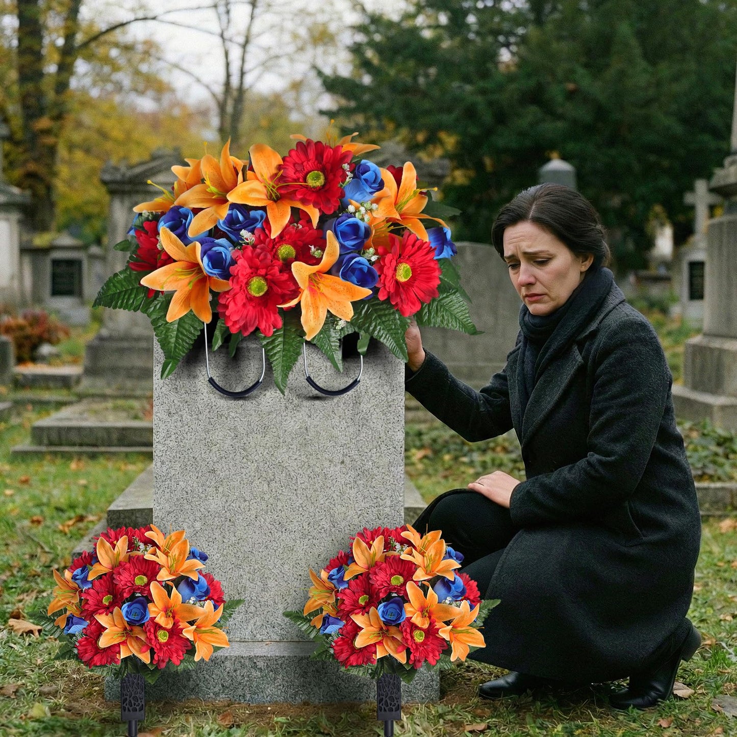 jabeick 3 PCS Artificial Cemetery Flower Saddles, Cemetery Memorial Flowers with Vase for Outdoor Grave Tombstone Decorations, Lily Rose Gerbera Headstone Flowers Saddle