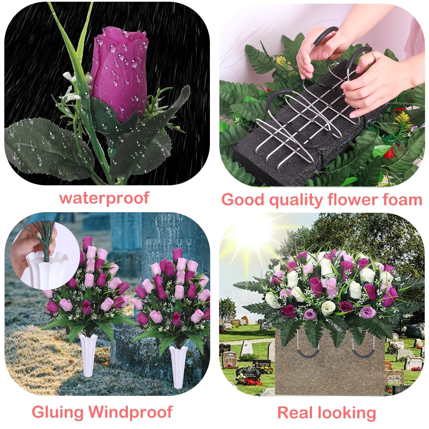 Lodou Artificial Cemetery Flower Saddles for Graves, Cemetery Memorial Flowers with Vase and 2 Memorial Bouquets for Grave Tombstone,Outdoor Grave Saddle Headstone Decorations (Purple White)