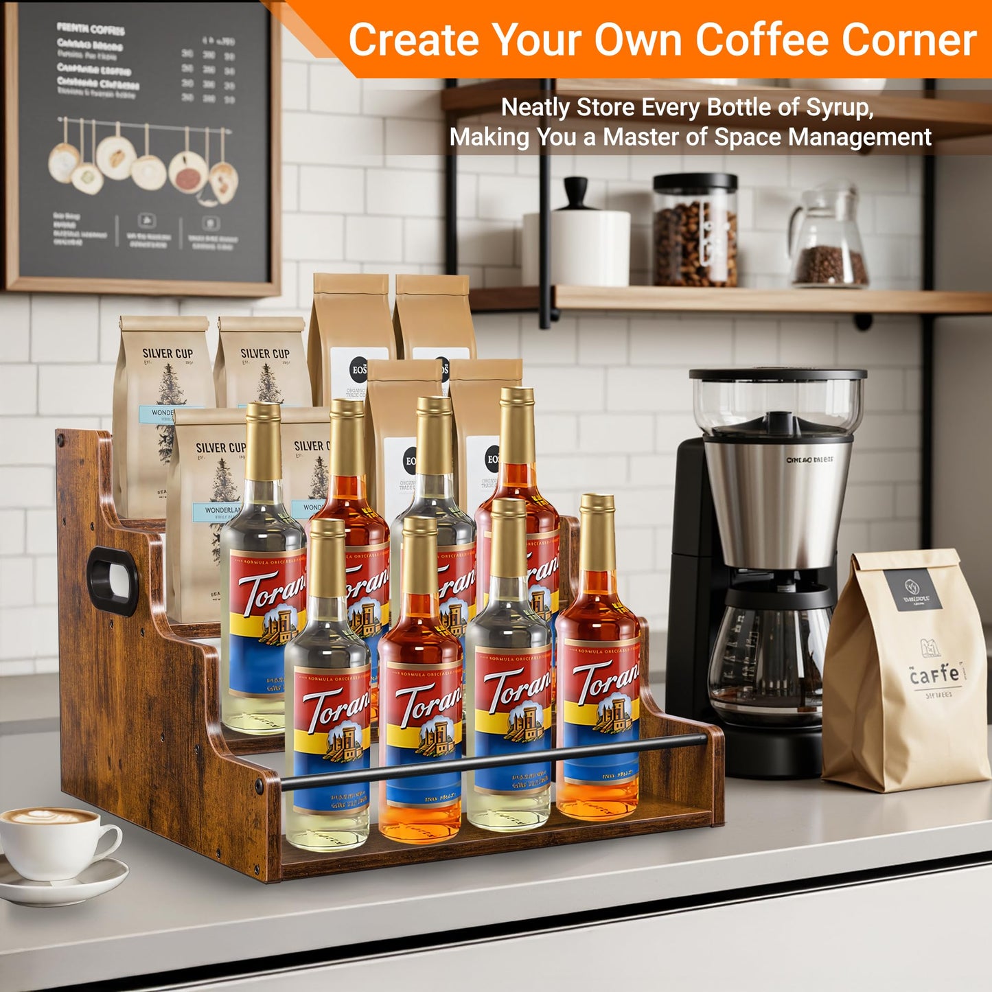 YQBRAO 4-Tier Tiered Liquor Bottle Display Shelf - 16-Inch Rustic Wood Liquor Rack & Coffee Syrup Organizer - Heavy-Duty Countertop Spice Rack with Guardrails & Handles for Bar, Kitchen, Office