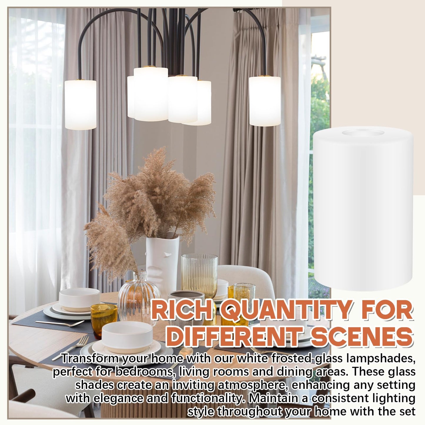 Teenyyou 6 Pcs White Frosted Glass Shade Replacements for Pendant Light Fixtures Glass Lamp Shade Cover, 1-5/8 Inch Fitter E26 Base, 4 w x 6 h, Replacement Lamp Globe for Chandelier Wall Sconce