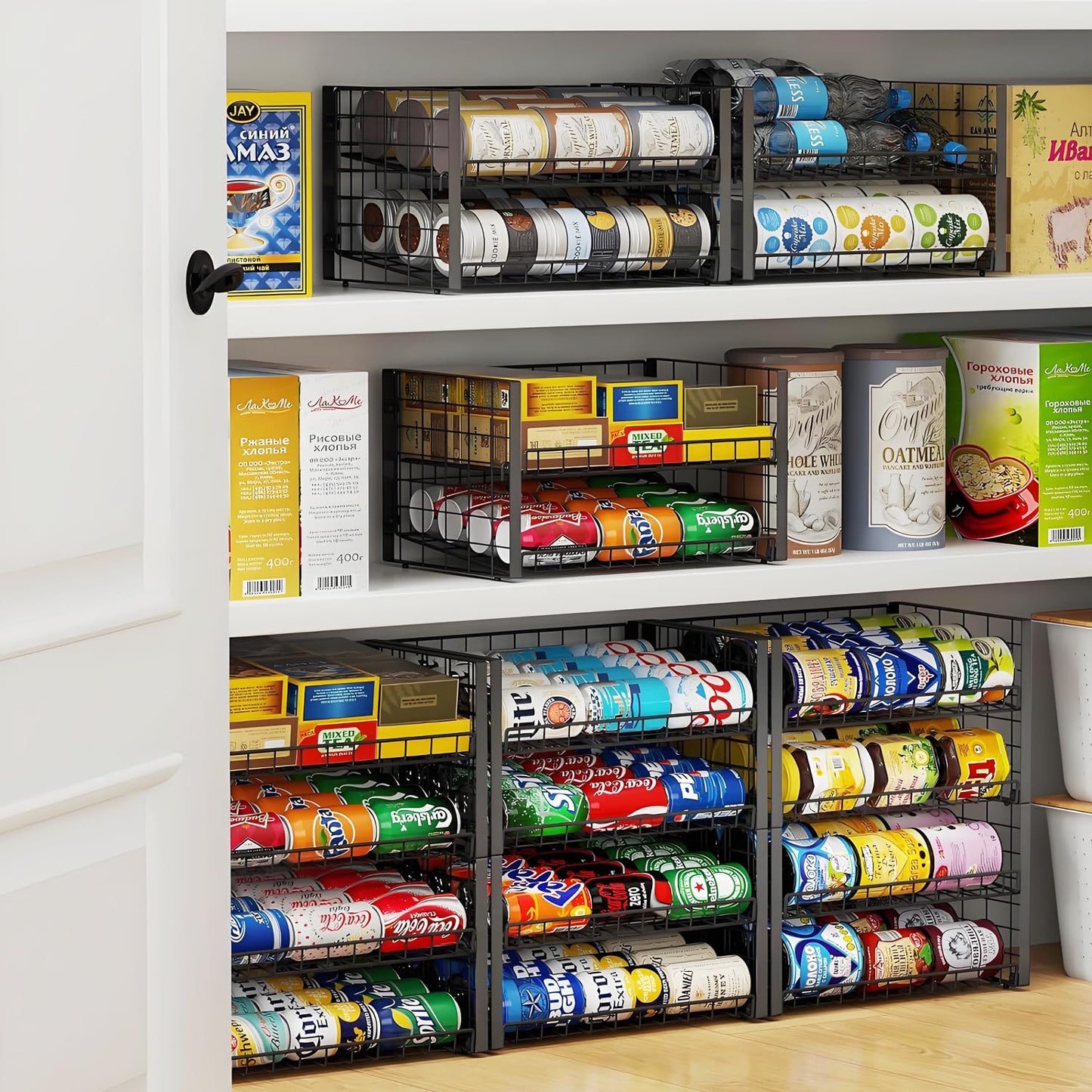 JKsmart 2-Tier Stackable Can Rack Organizer for Pantry, Adjustable Can Dispenser Holds Up to 60 Cans, Can Storage Holder for Various Ounces of Canned Food Soda Drinks, Black, 2 Pack