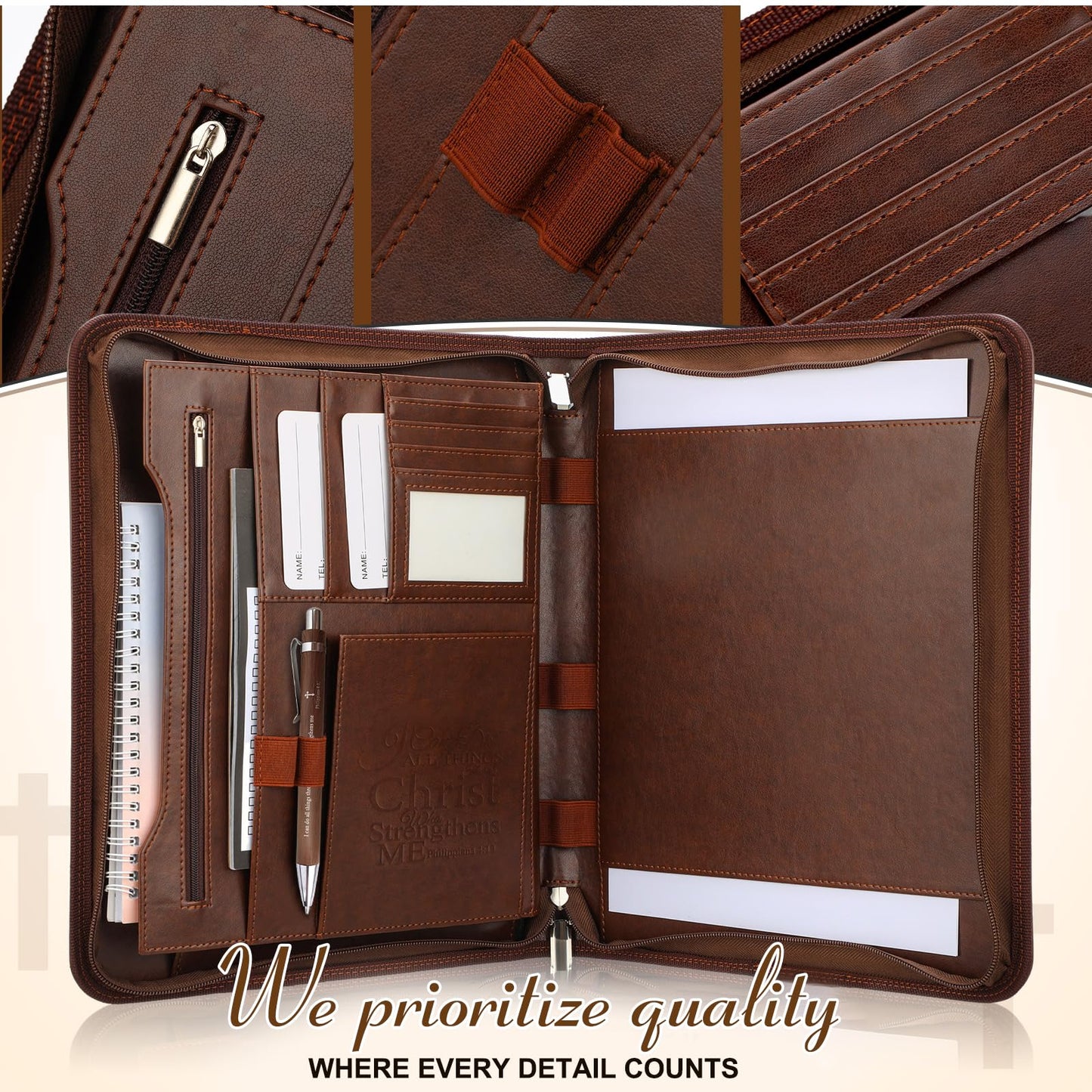 4 Pcs Christian Gifts for Men Pastors Appreciation Leather Bible Portfolio Scripture Notebook Bookmark Pen Religious Present Pastor Kit Supplies Accessories, 'I can do all things' Church Notes Journal