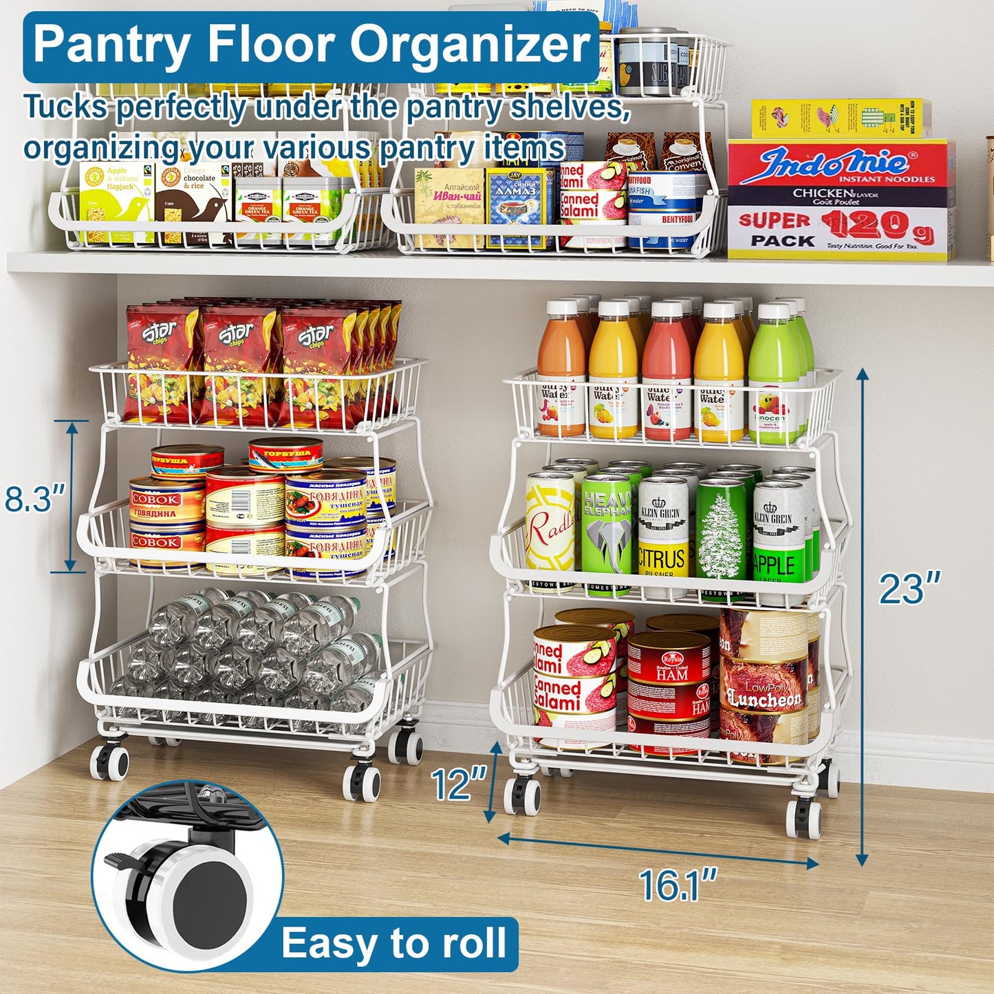 OKZEST 3-Tier Rolling Pantry Floor Organizer and Storage Cart with Wheels, Stackable Wire Pantry Baskets for Pantry Shelves, Kitchen Storage Rack and Fruit Basket Stand for Fruit Snack Onion Potato
