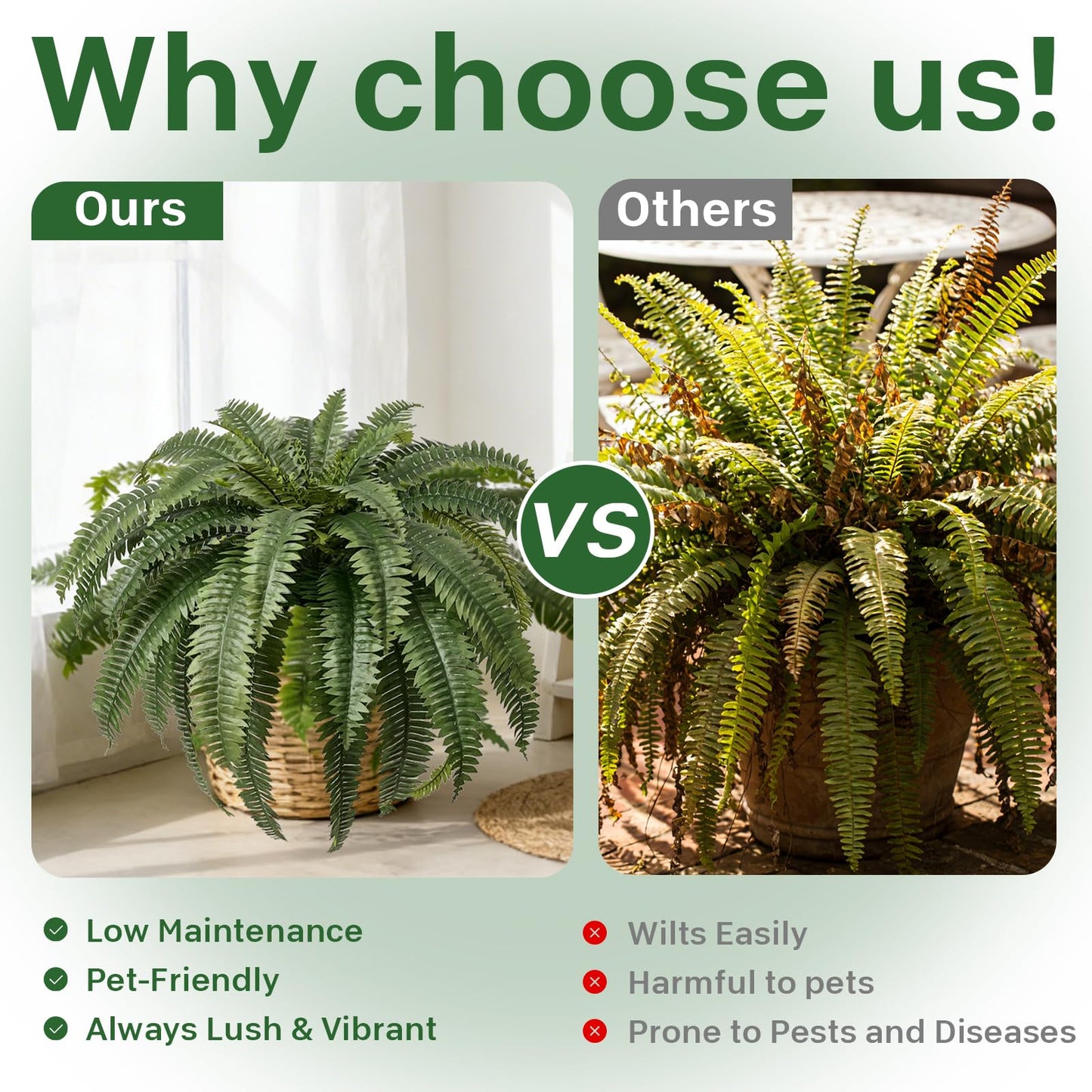 Apeair Set of 2 Large Artificial Boston Fern Plants, 48" Giant Faux Ferns with 39 Realistic Fronds, UV Resistant Fake Greenery for Outdoor Porch, Hanging Basket, Patio Garden Decor