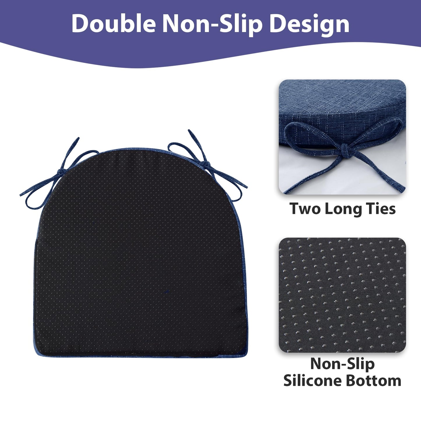 IPYNBAP Chair Cushions for Dining Chairs, Kitchen Chair Cushions, 16'' x 16'' x 2'', Non Slip Indoor Seat Cushions, Chair Pads for Dining Chairs with Ties & Removable Cover, Set of 4, Navy