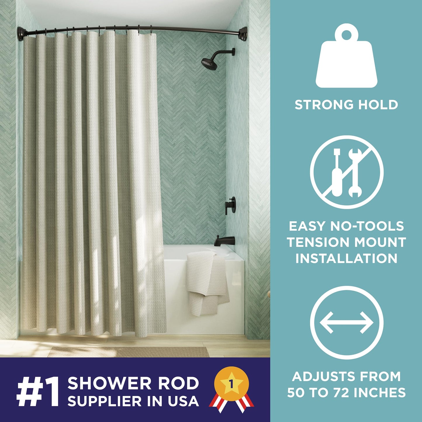 Zenna Home Curved Shower Curtain Rod, No Drill, 50-72 Inch Adjustable Tension Shower Rod for Bathroom, Rustproof, Non-Slip, Adds Room in Shower, Bronze