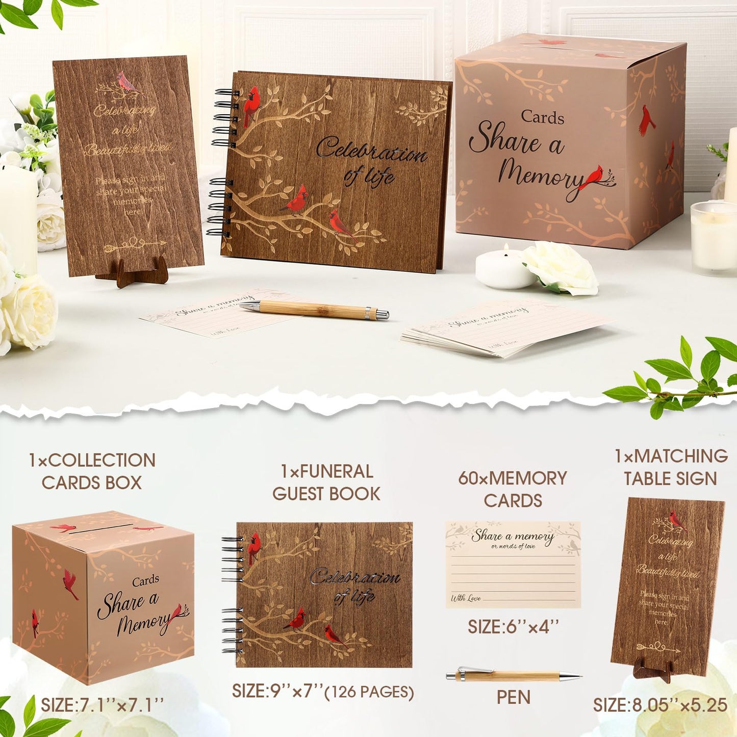 Engrowtic 64 Pcs Funeral Guest Book Set for Memorial Service Celebration of Life Wooden Guest Book in Loving Memory with 60 Share a Memory Card, Cards Box, Table Sign and Pen(Wood,Cardinal)